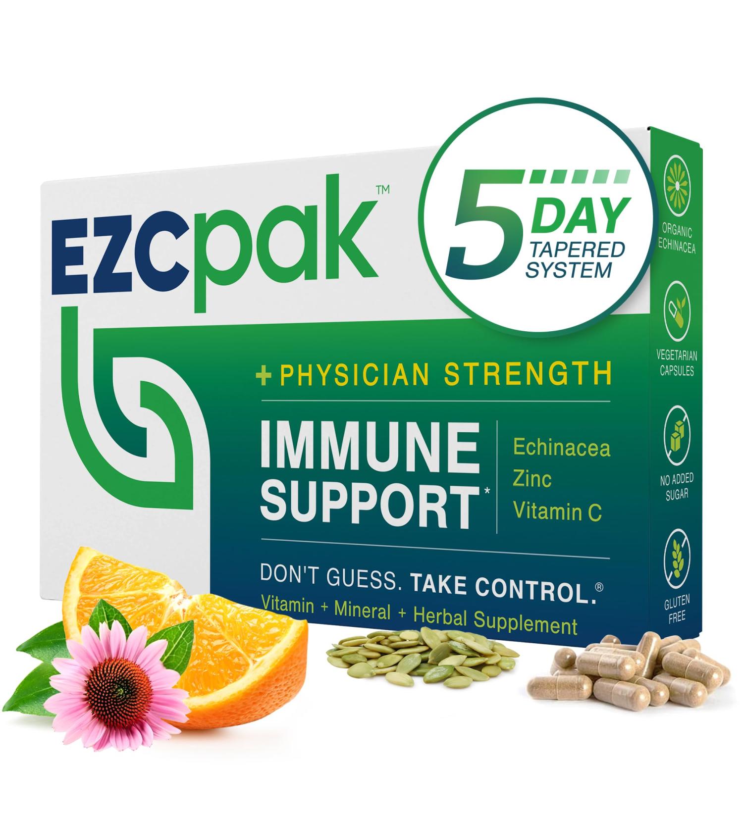 EZC Pak 5-Day Tapered Immune Support Booster - Vitamin Immune Support Supplement Echinacea Zinc Vitamin C Vitamins for Immune System Support Immune Boosters for Adults - Immune Support Vitamins 1 Count (Pack of 1) - Buy Online on GoSupps.com