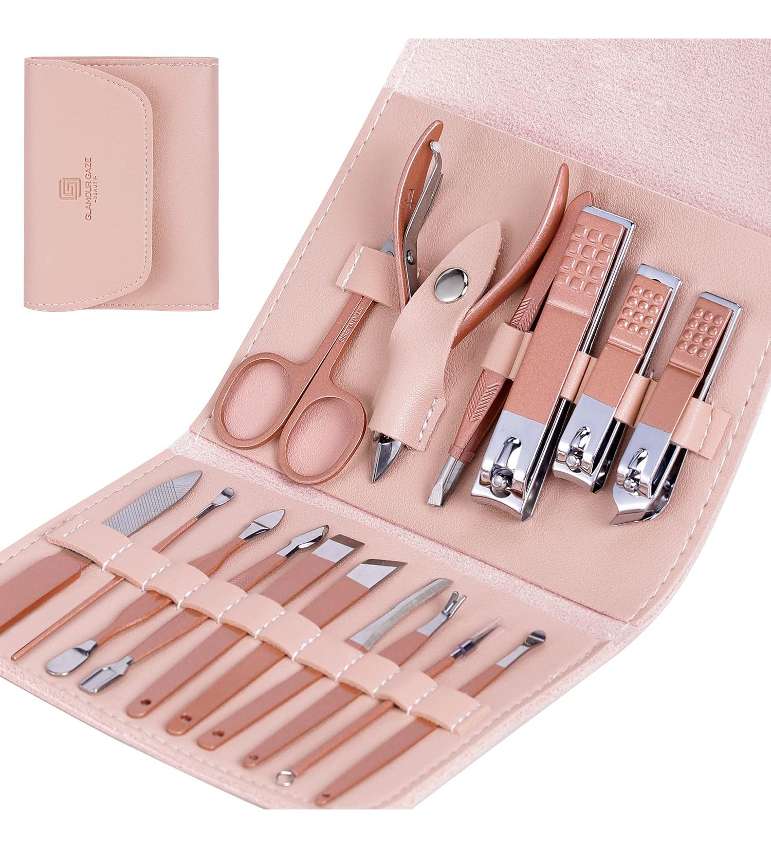 Manicure Set Glamour Gaze Manicure Pedicure Kit Nail Clippers 16 in 1 Professional Stainless Steel Cuticle trimmer Grooming Kit for Men Women with Storage Travel Case Pink - Buy Online on GoSupps.com