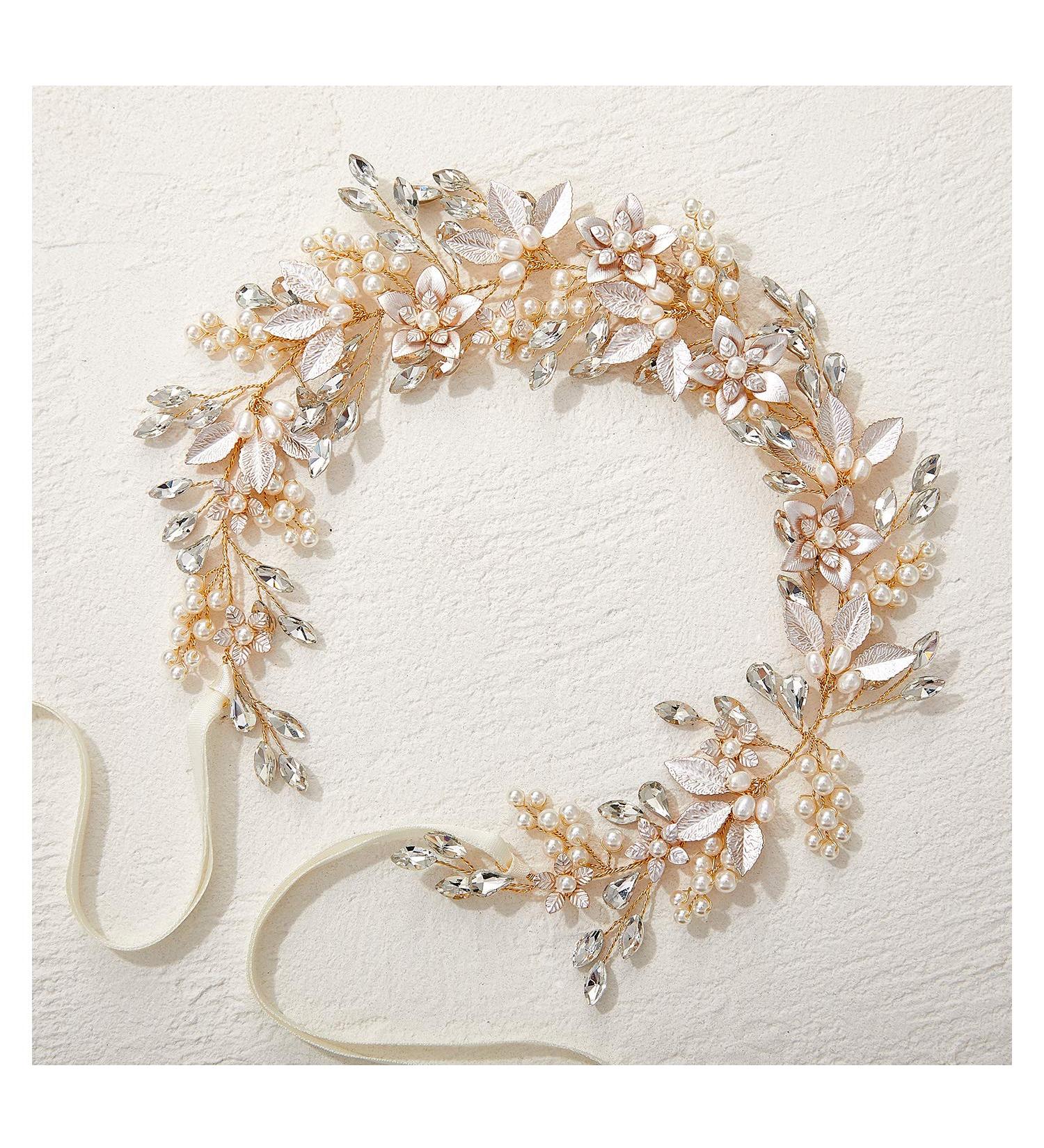 SWEETV Handmade Rhinestone Wedding Headband Flower-Leaf Bridal Headpiece | Gold Pearl Hair Accessory - Buy Online on GoSupps.com