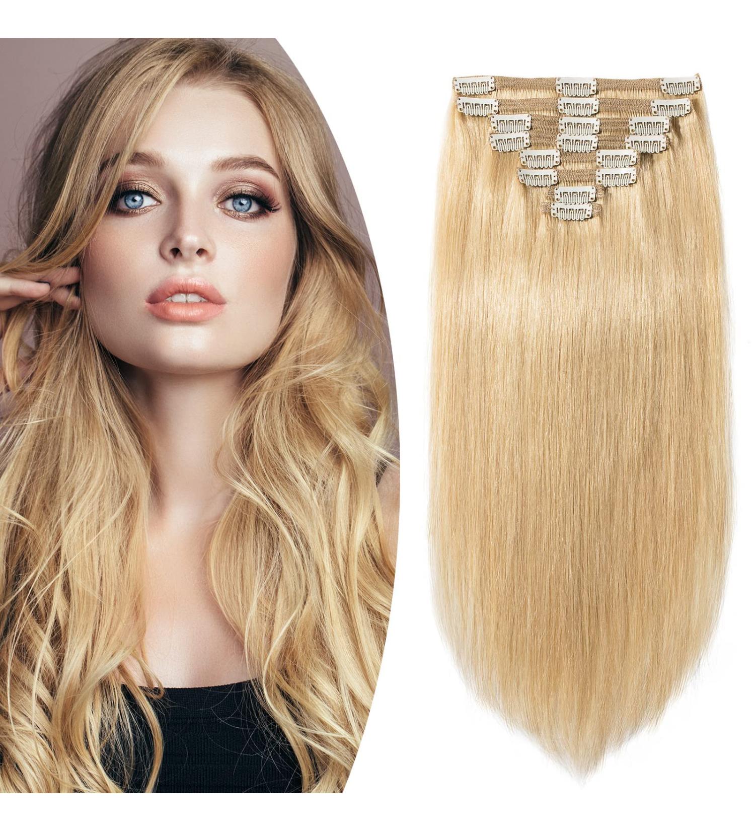 Buy Clip In Real Hair Extensions - 8-Piece Set #24 Middle Blonde Heat-Resistant 120g (35cm) - Perfect for Full Hair Volume - Buy Online on GoSupps.com
