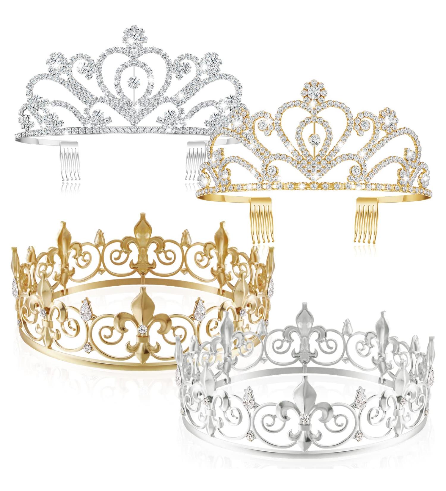 4 Pcs Baroque Prom King and Queen Crowns - Crystal Tiara and Metal Headband Set for Wedding, Gothic Costume, Birthday Party - Exquisite Bridal Accessories - Buy Online on GoSupps.com