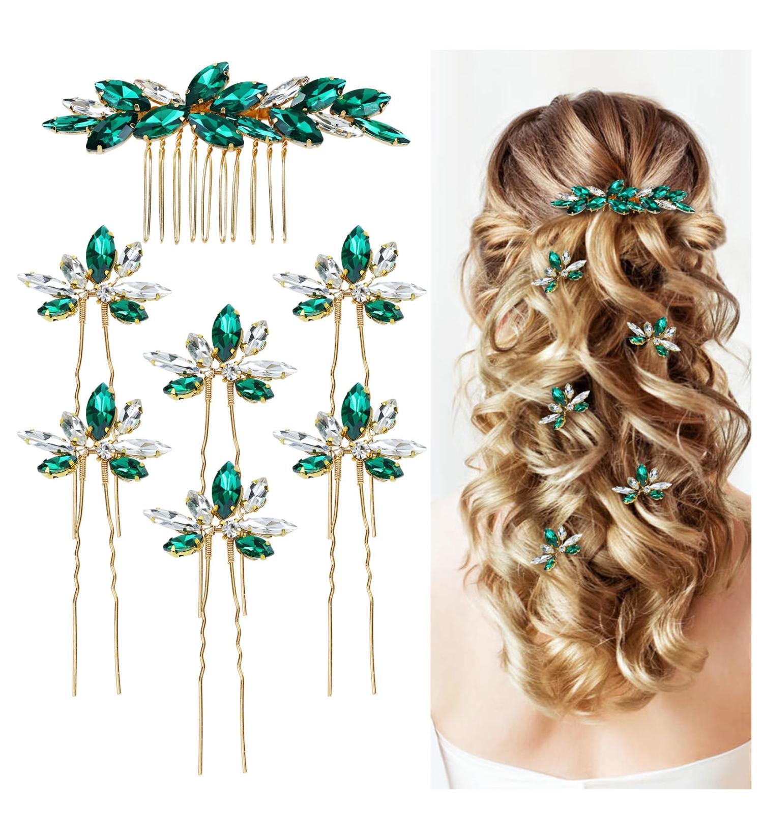 Dizila 7 Pieces Decorative Emerald Green Party Prom Wedding Bridal Rhinestone Hair Side Comb+U-shaped Hair Pins Accessories for Women Girls Brides Bridesmaids - Buy Online on GoSupps.com