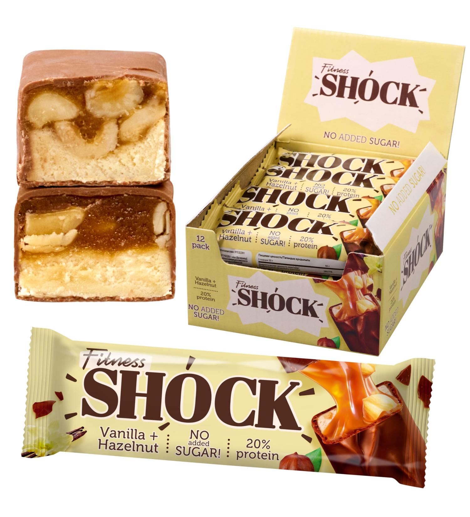 Fitnesshock Protein Bar Set - Sugar-Free Low Carb 20% Protein 1g Sugar Fiber-Rich Crispy Hazelnut - 12x50g Pack - Buy Online on GoSupps.com