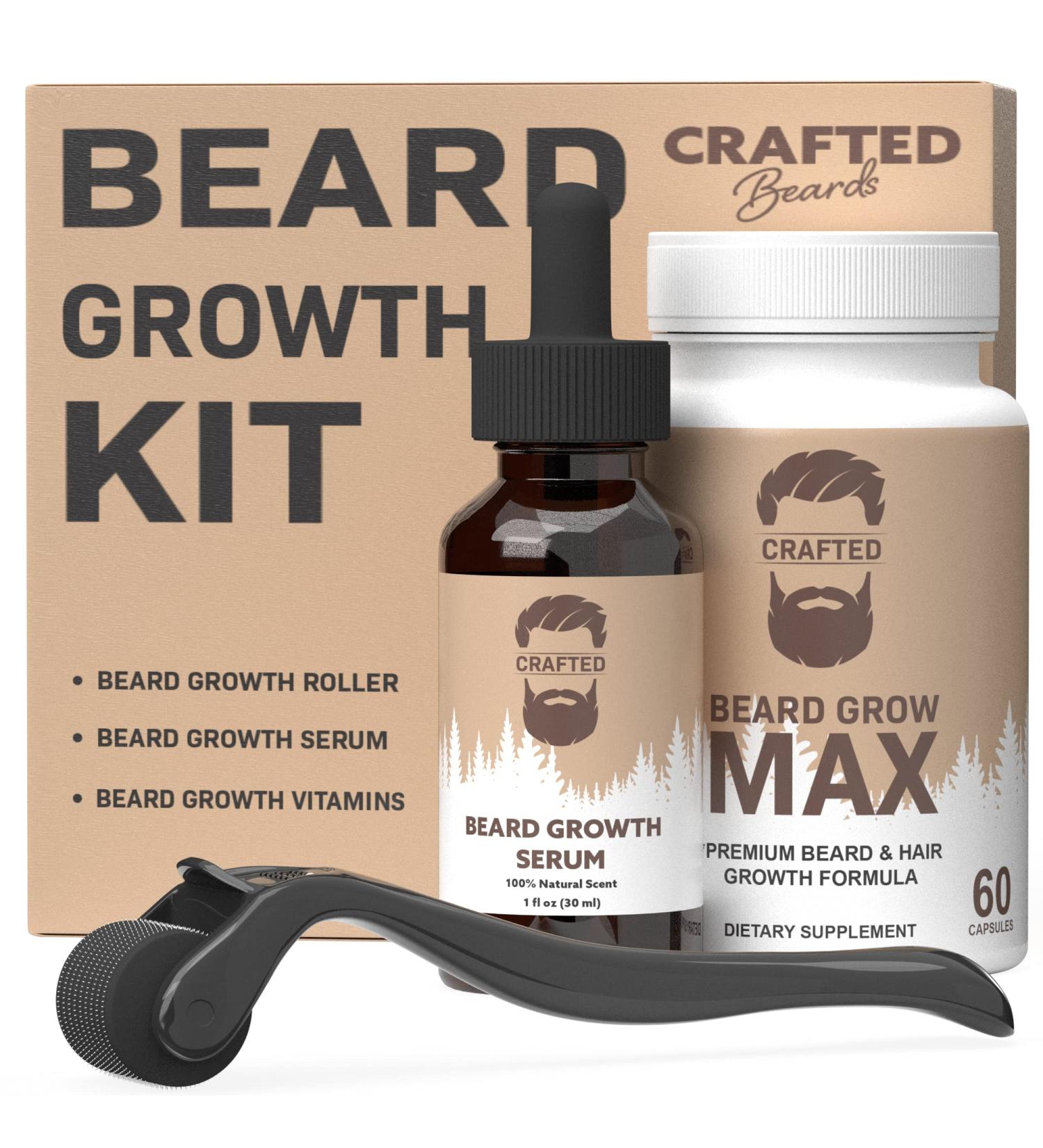 Crafted Beard Growth Kit for a Thicker Fuller Beard - Beard Growth Oil, Roller, Vitamins - 1 Month Kit - Buy Online on GoSupps.com