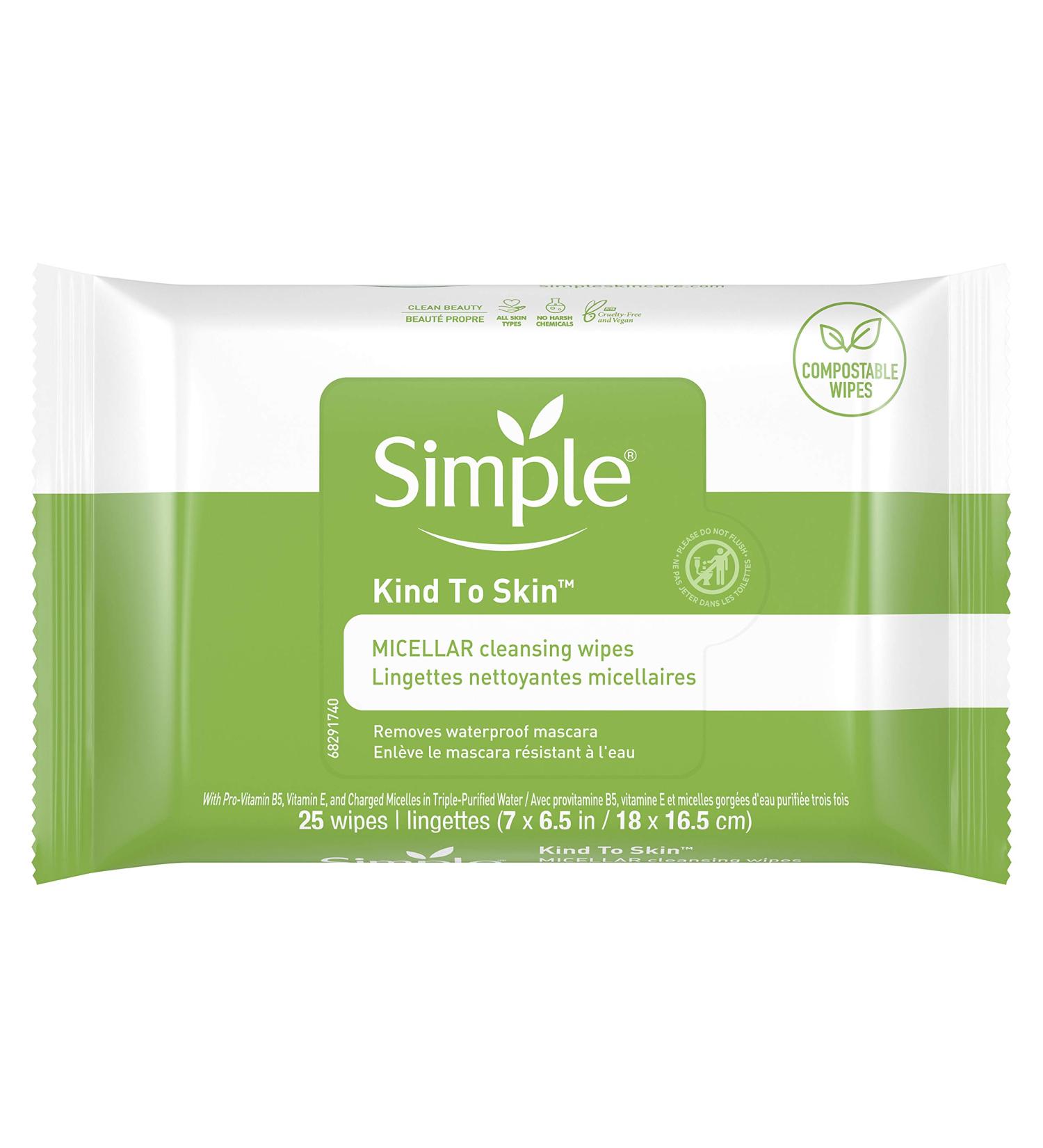 Simple Kind to Skin Cleansing Wipes - Gentle Micellar Makeup Remover, 25 Count Pack - No Artificial Perfume, Dye, or Harsh Chemicals - Buy Online on GoSupps.com
