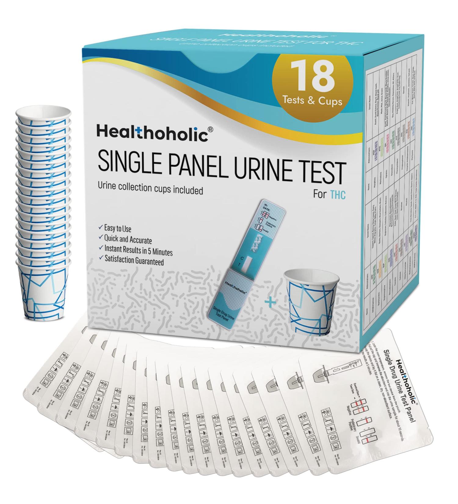 Healthoholic 18 Pack THC Urine Test Kit - High Sensitivity Marijuana Detector with 18 Tests & Cups - Buy Online on GoSupps.com