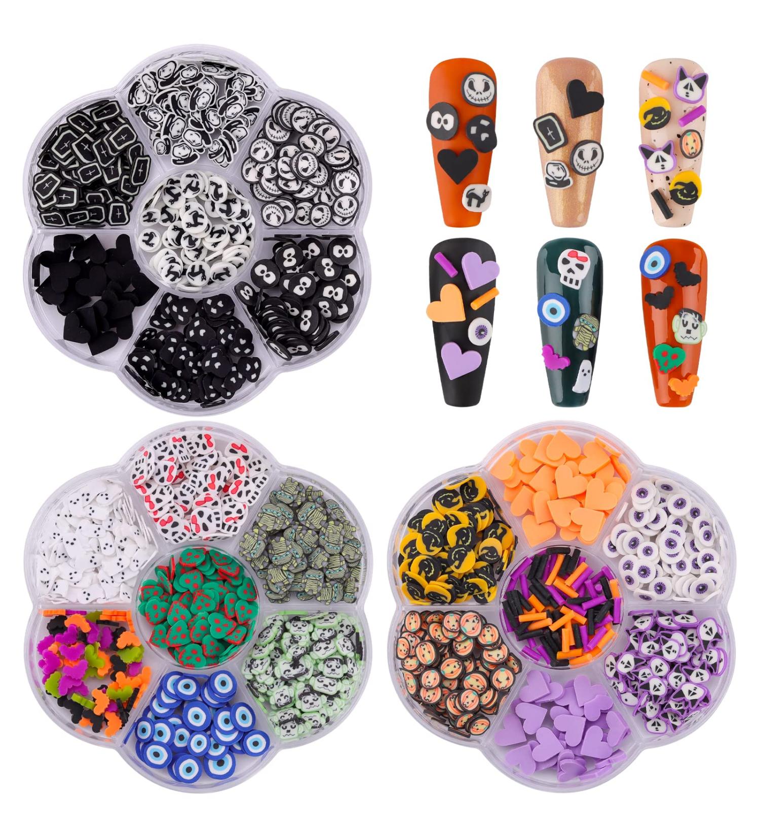Halloween Nail Art Sequins - Kalolary 3D Skull Spider Pumpkin Bat & Ghost Polymer Clay Slices for Acrylic Nails Decor (3 Boxes - Buy Online on GoSupps.com