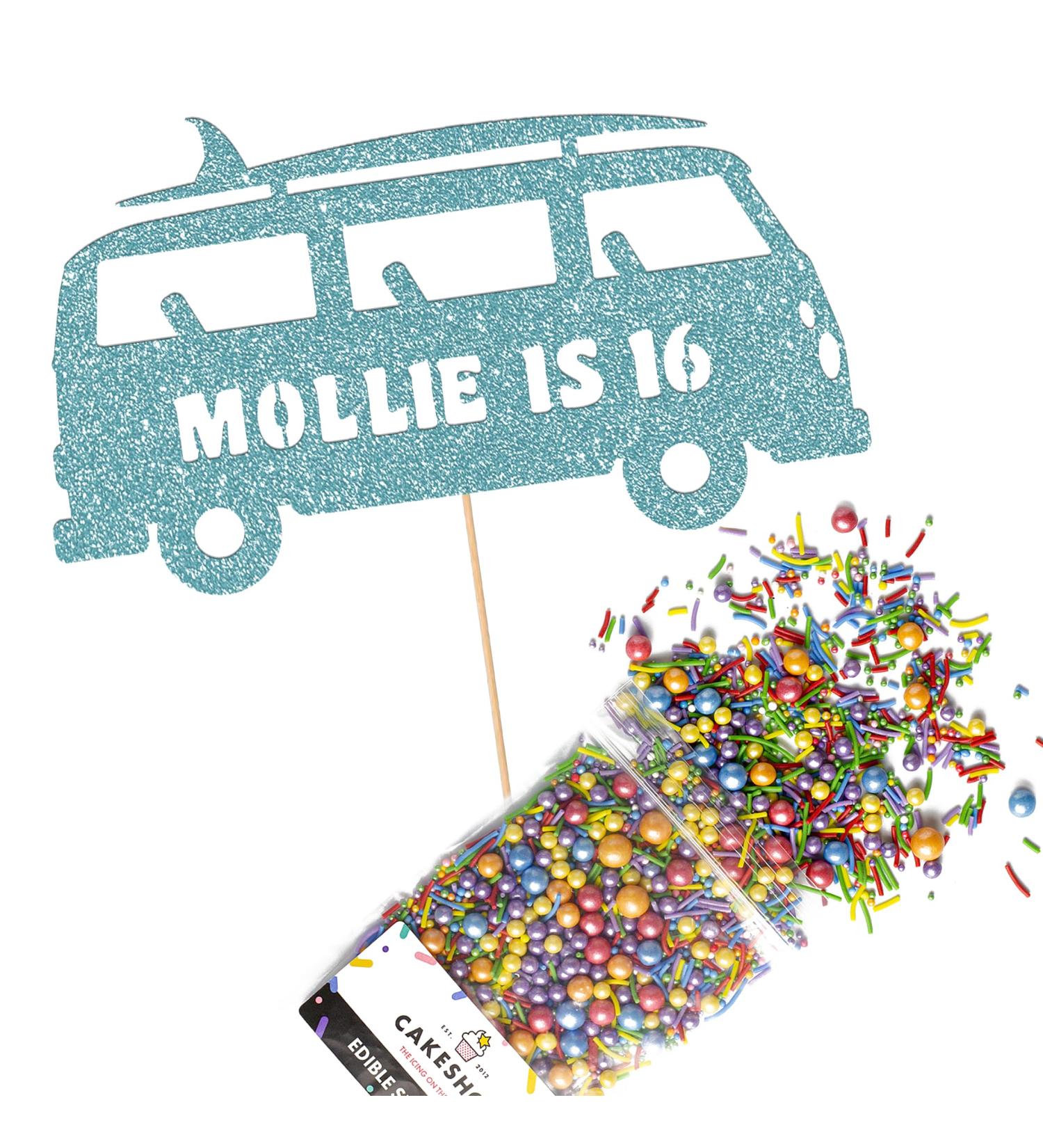 Cakeshop Cake Decoration Pack | Surfing Campervan Theme Premium Double Sided Glitter Card Cake Topper & 25g Party Pack of Cake Sugar Sprinkles | Custom Name & Age Cake Decoration (Baby Blue) Non-Prime Glitter Card: Baby Blue - Buy Online on GoSupps.com