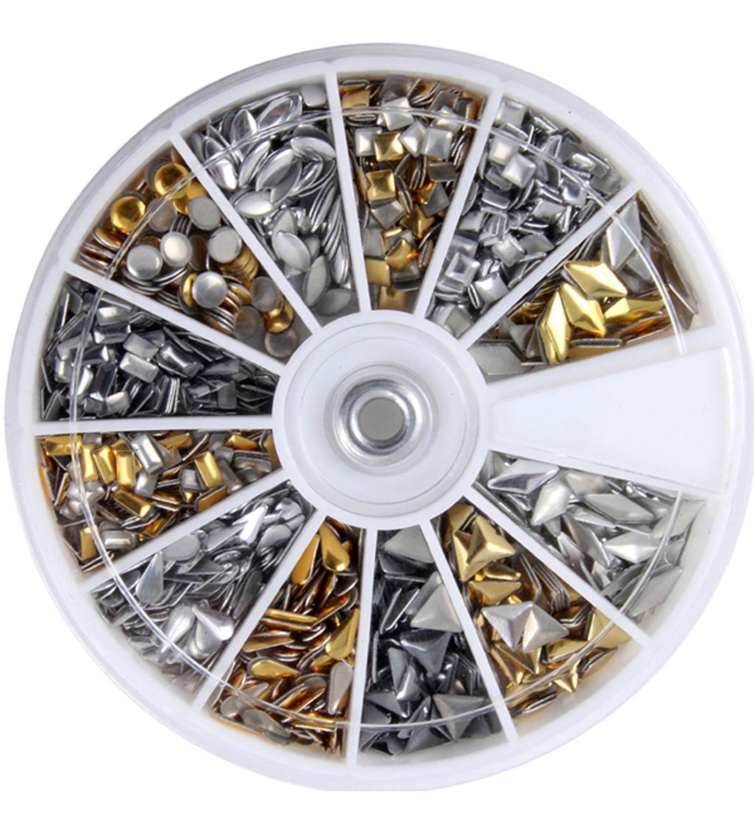enForten 600pcs 3D Design Nail Art Different Studs Silver Stud Wheel Manicure Style 1