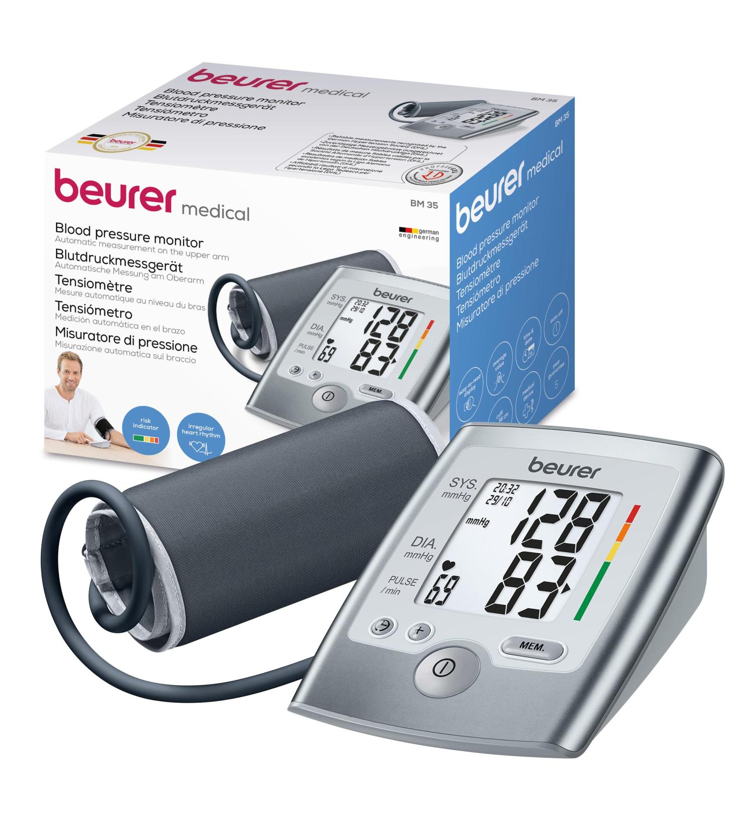 Beurer BM 35 Upper Arm Blood Pressure Monitor - Accurate Risk Indicator & Arrhythmia Detection | 2x60 Memory | Fits 22-36 cm Circumference - Buy Online on GoSupps.com