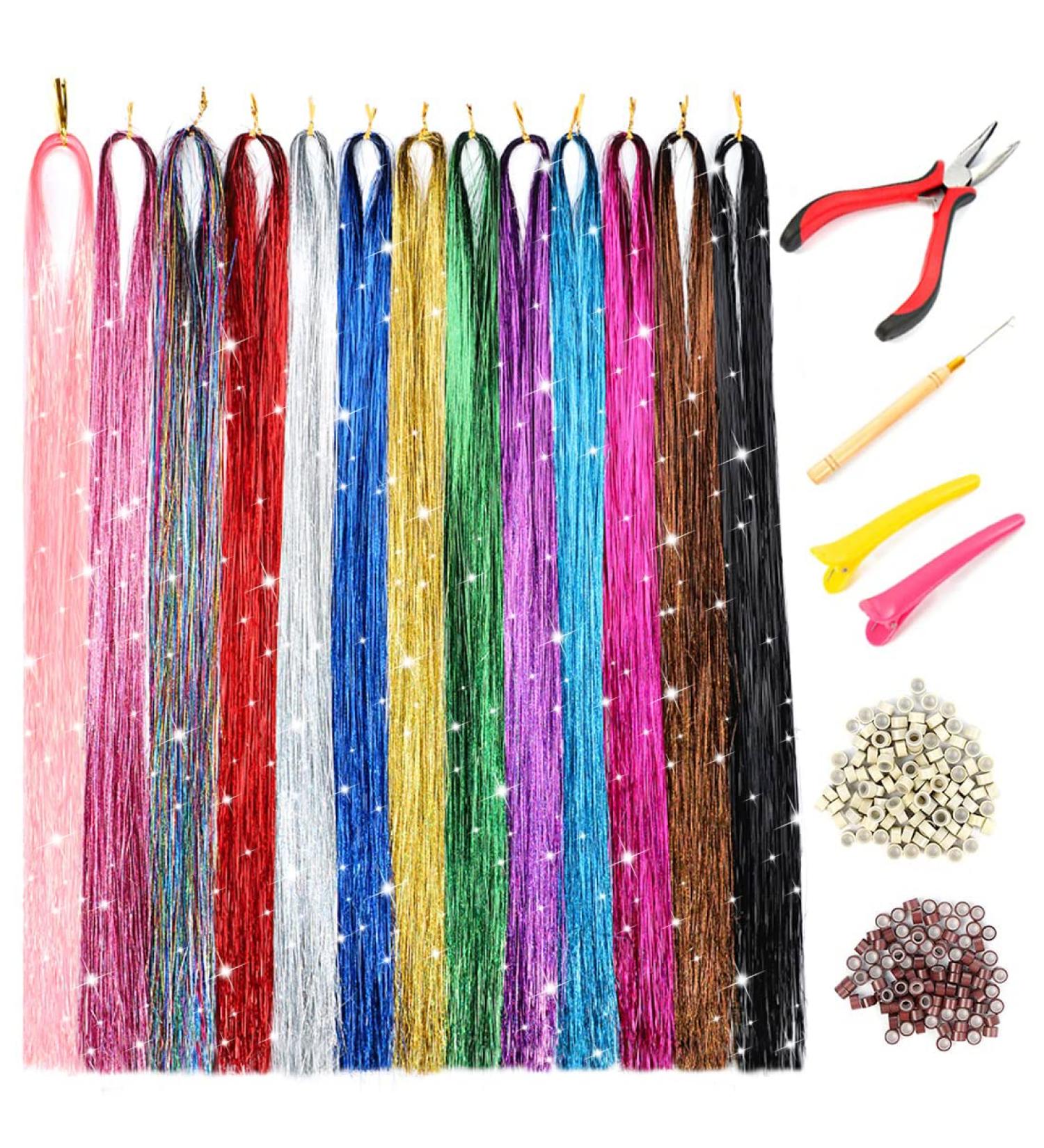 47 Hair Tinsel Kit - 13 Colors, 2600 Strands, Heat Resistant - For Women & Girls - Perfect for Christmas, New Year, Halloween, Cosplay Parties - Includes Tools - 13 pcs/pack - Buy Online on GoSupps.com