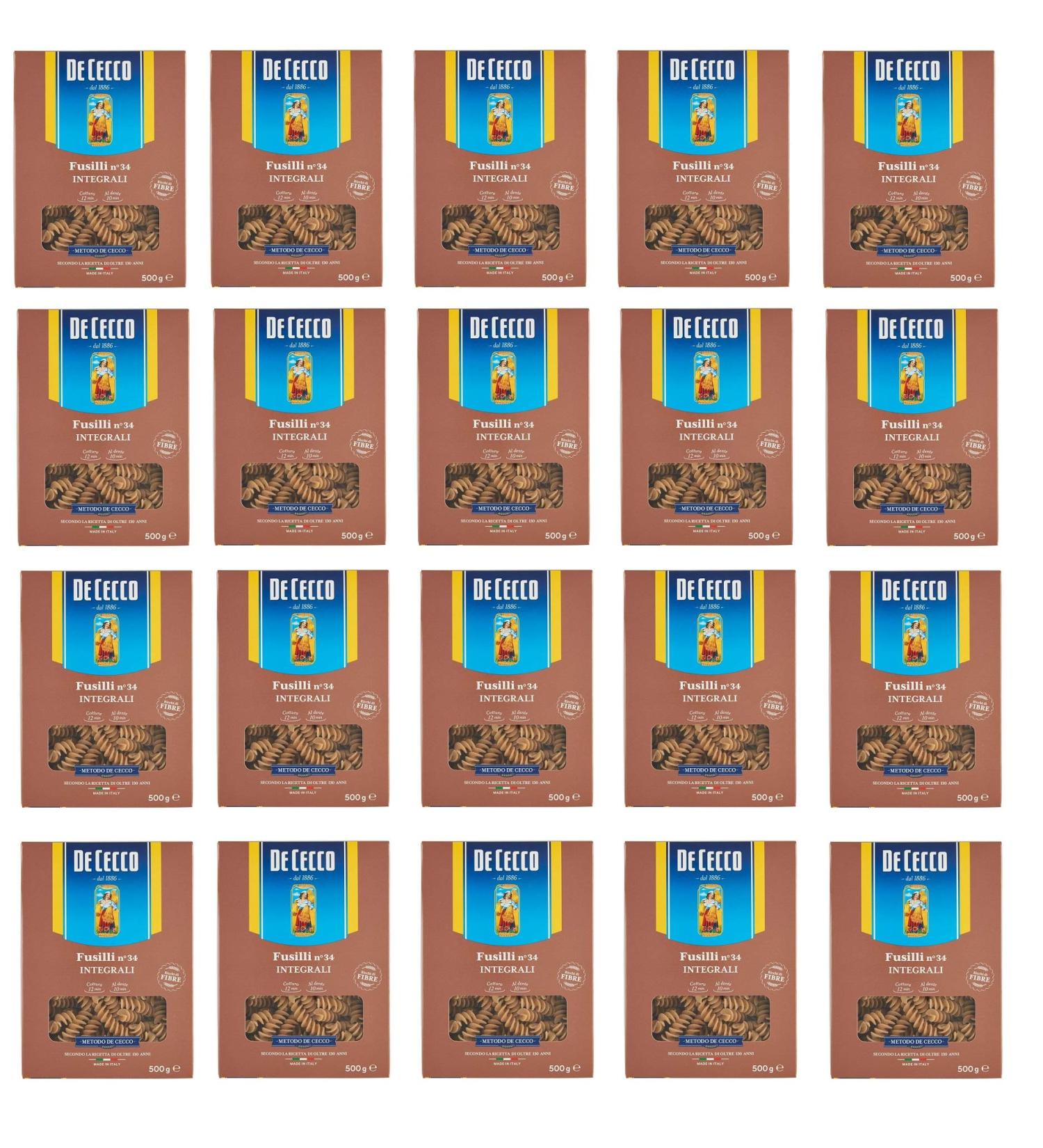 De Cecco 20x Pasta De Cecco Fusilli Integrali No. 34 Whole Grain Italian Pasta 500g