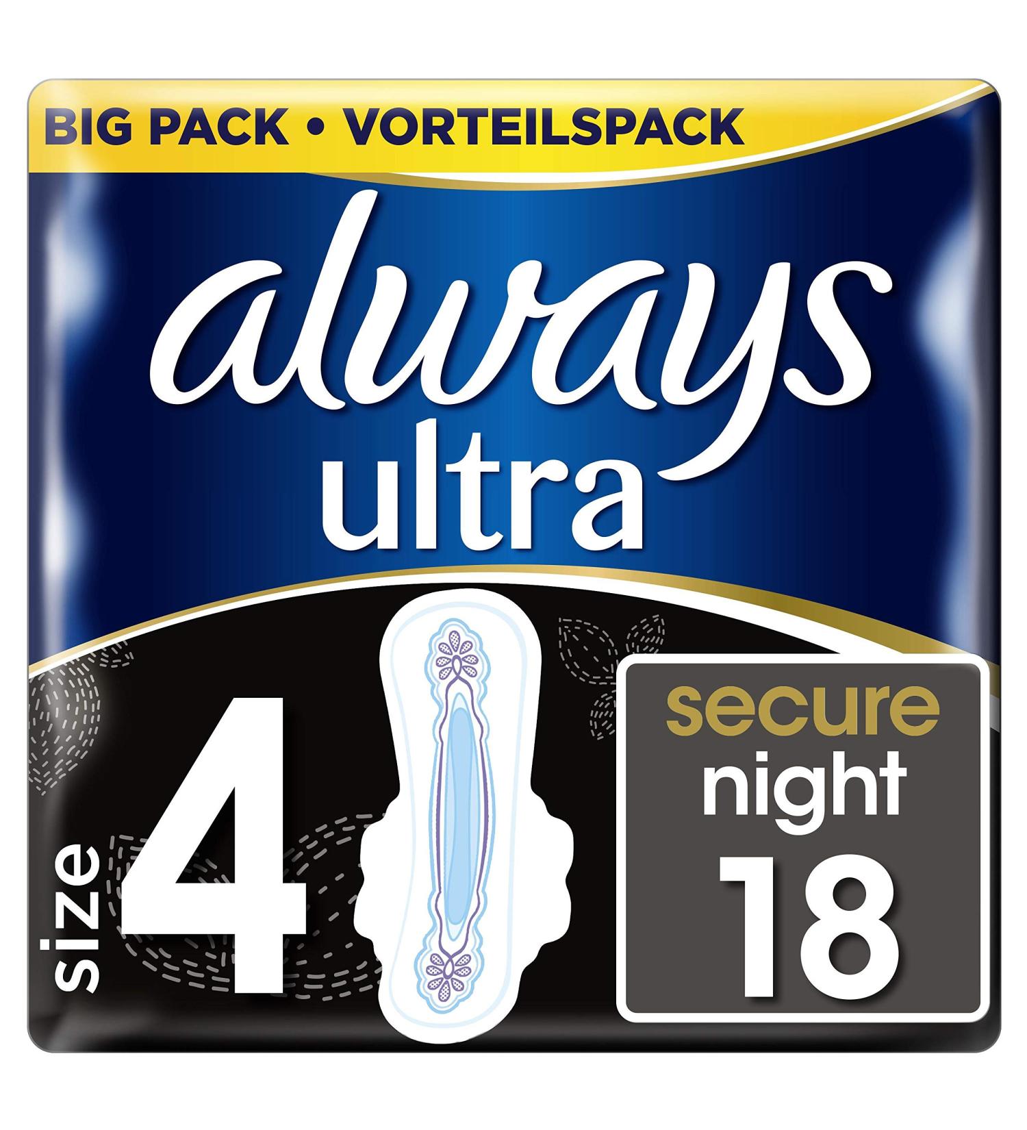 Always Ultra Secure Night Pads (with wings) Size: 4 10 pack (10 x 18 pieces) with wings Value pack 18 pieces (10 pack)