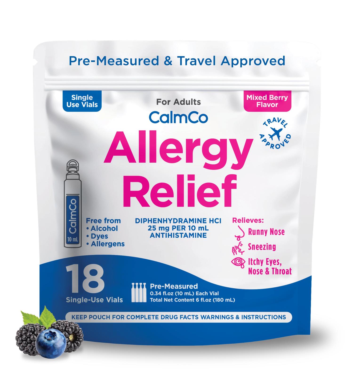 CalmCo Adult Allergy Relief Vials Pre-Measured Diphenhydramine HCl 25mg Travel Size Allergy Medicine for Ages 12+ Antihistamine for Sneezing Runny Nose & Itchy Eyes Mixed Berry Flavor 18 Count - Buy Online on GoSupps.com