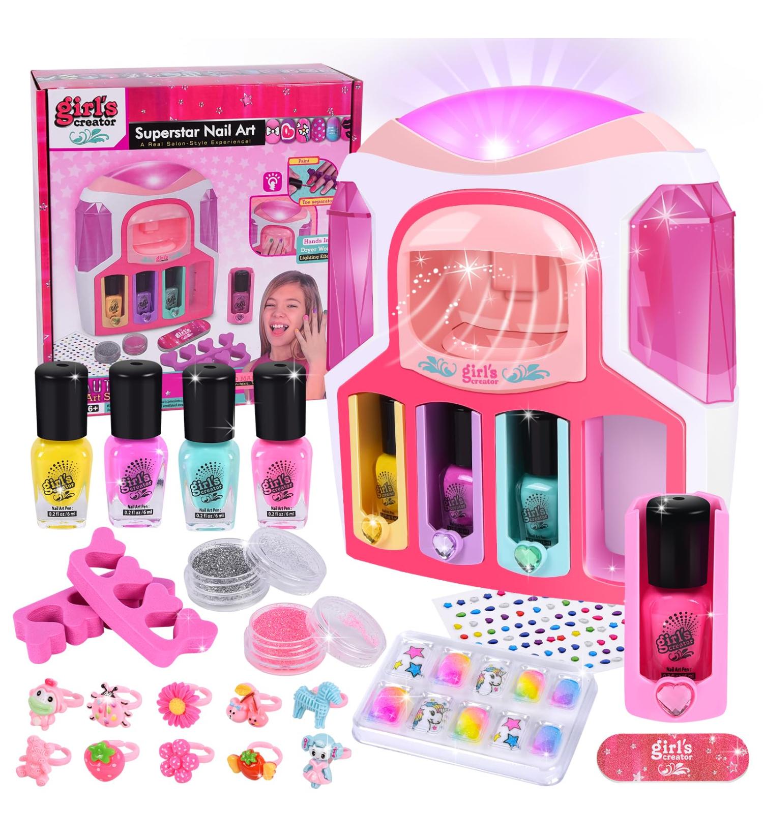 Herenear Kids Nail Polish Kit for Girls Kids Nail Polish Set with 2 In 1 Nail Dryer Set Nail Polish DIY Sticker Glitter Powder Rings Nail Art Kit Manicure Party Christmas Gift - Buy Online on GoSupps.com