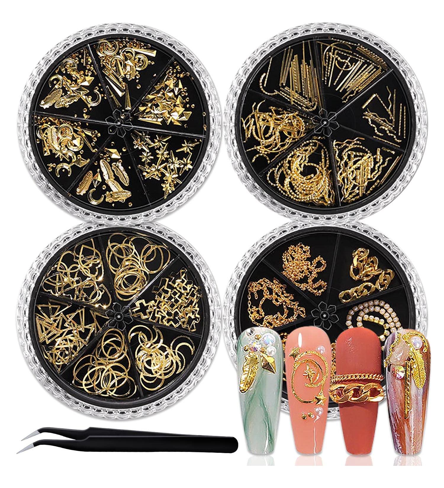 SILPECWEE Gold Nail Charms 3D Art Jewels - 4 Boxes Hollow Studs, Beads, Metal Chains for Luxury Nails with Tweezers - Buy Online on GoSupps.com