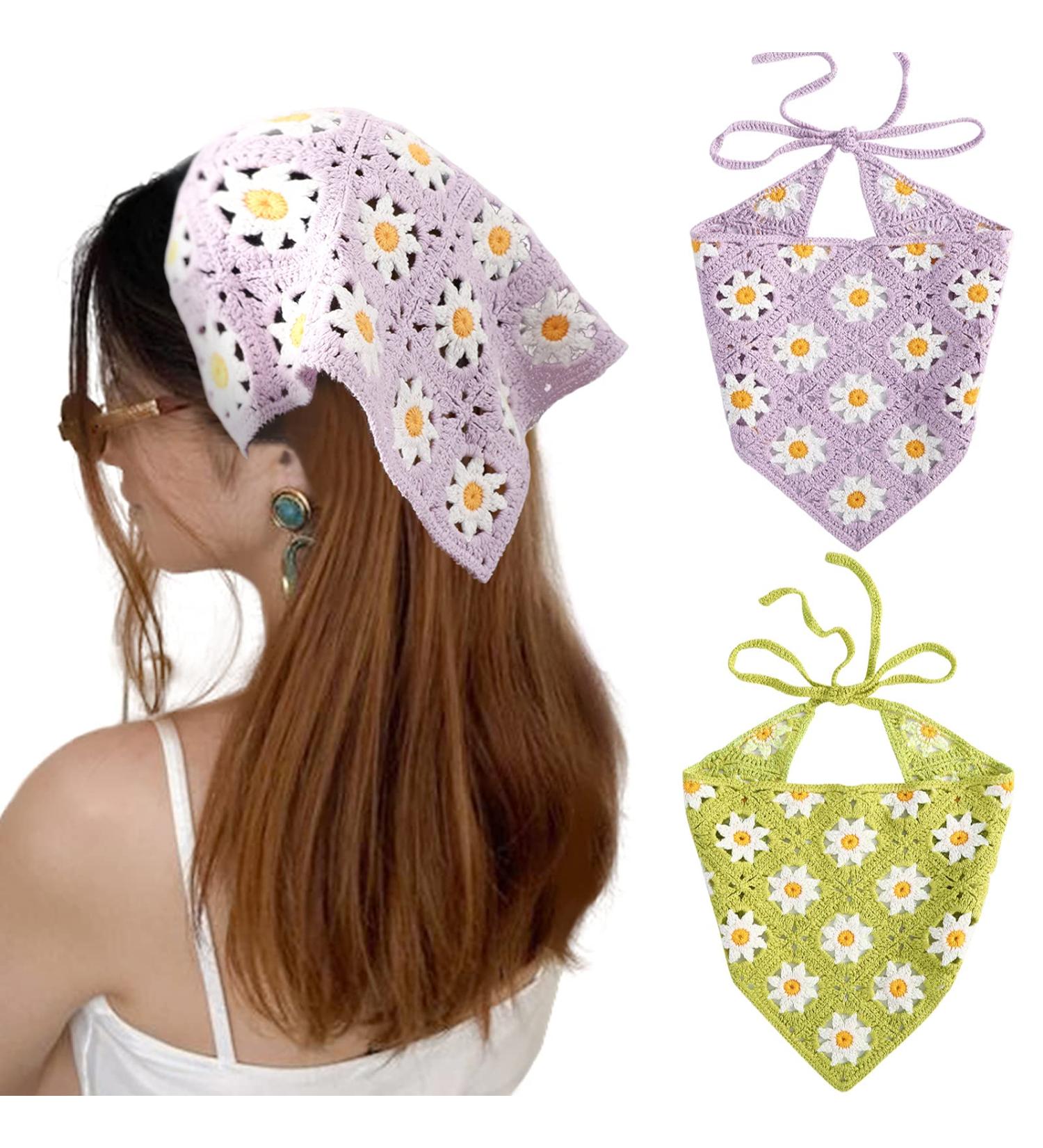 Daisy Crochet Bandana Head Kerchief 2Pcs Set - Purple+Green Floral Hair Scarf for Women & Girls - Buy Online on GoSupps.com