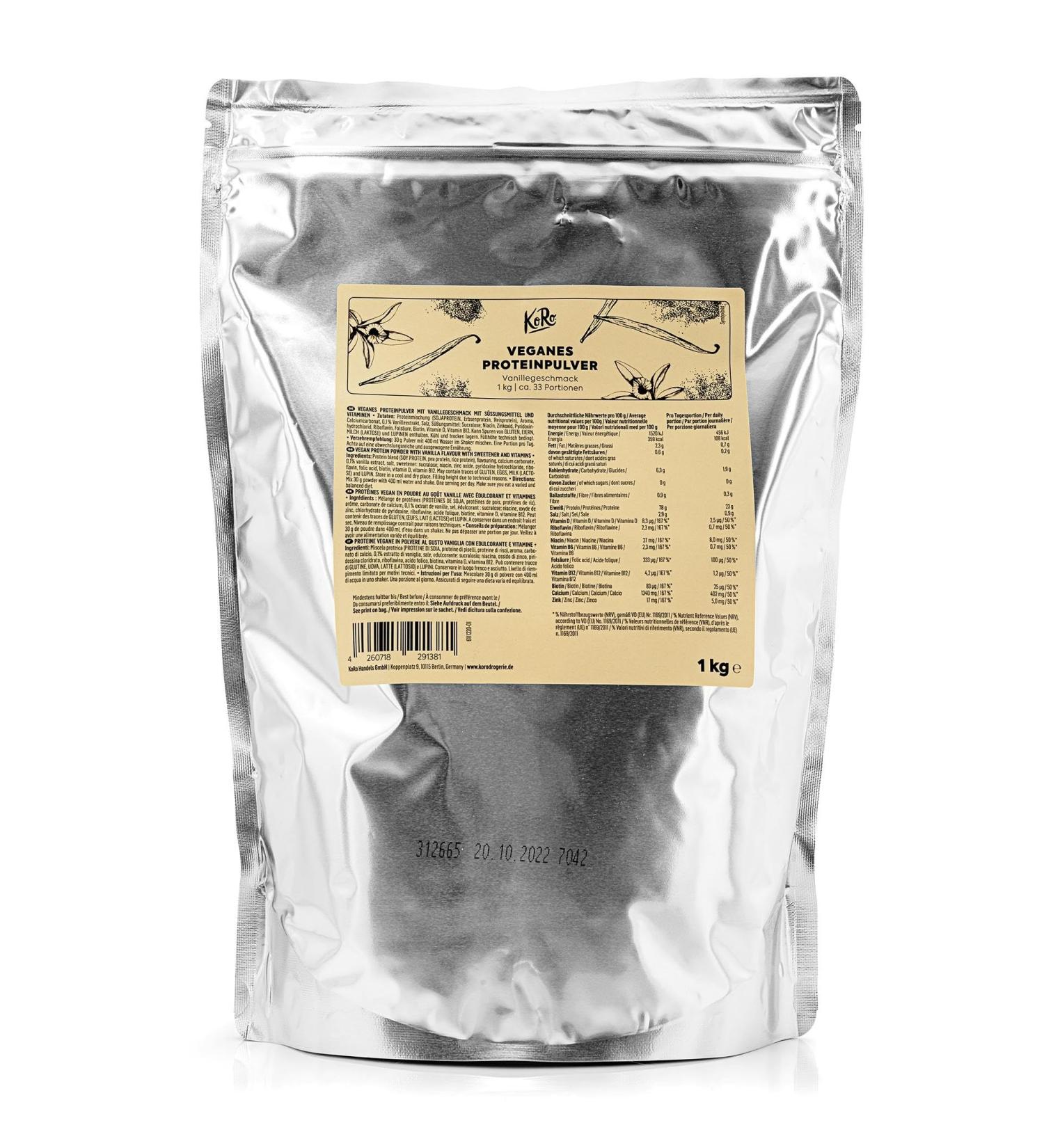 KoRo Vegan Protein Powder Vanilla 1 kg - Plant-Based Rice Pea & Soy Protein - Creamy-Sweet Taste - High Protein Boost for Your Health - Buy Online on GoSupps.com