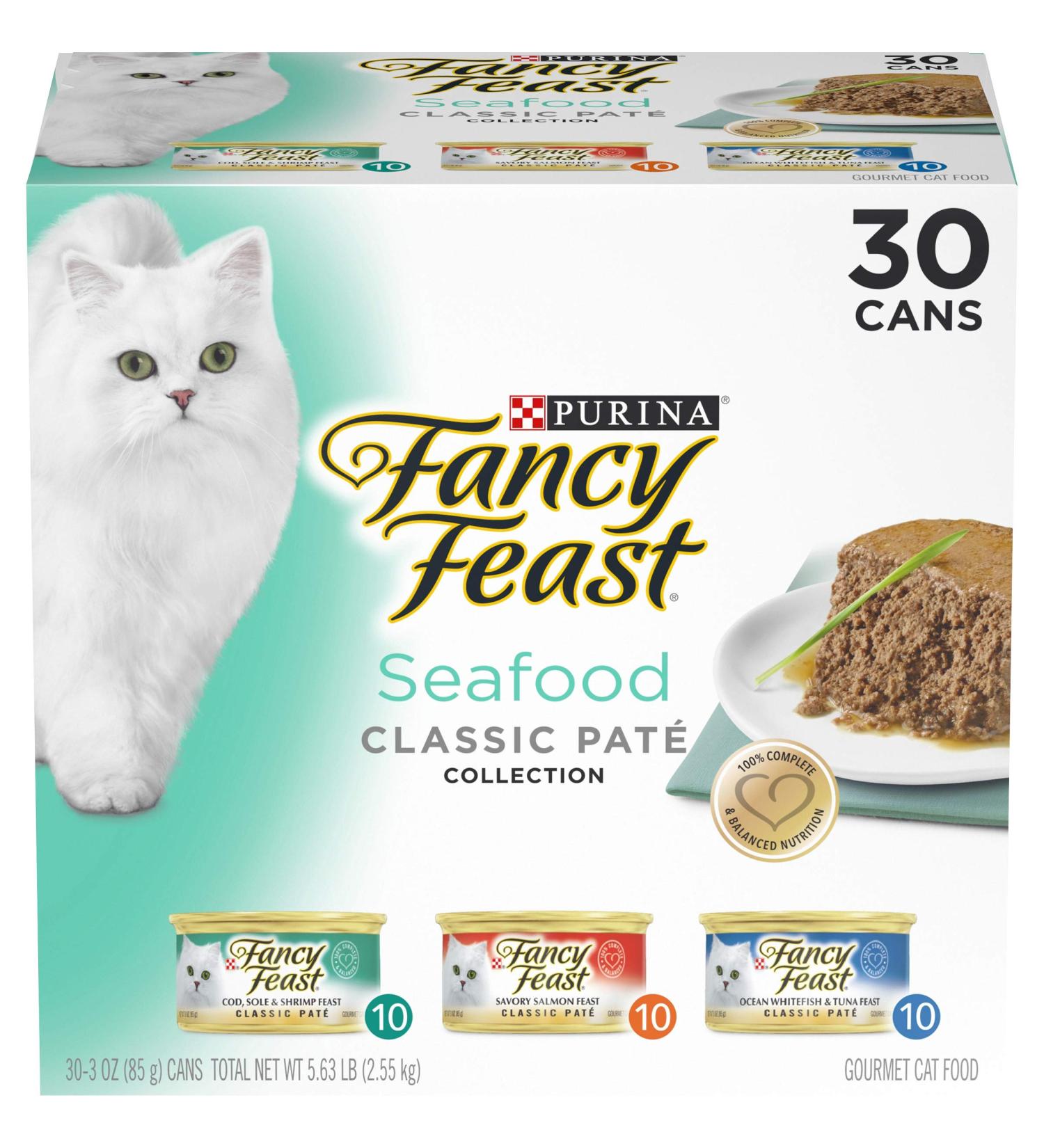 Purina Fancy Feast Grain Free Pate Wet Cat Food Variety Pack - Seafood Classic Pate Collection - 30 Pack of 3 oz. Cans - Buy Online on GoSupps.com