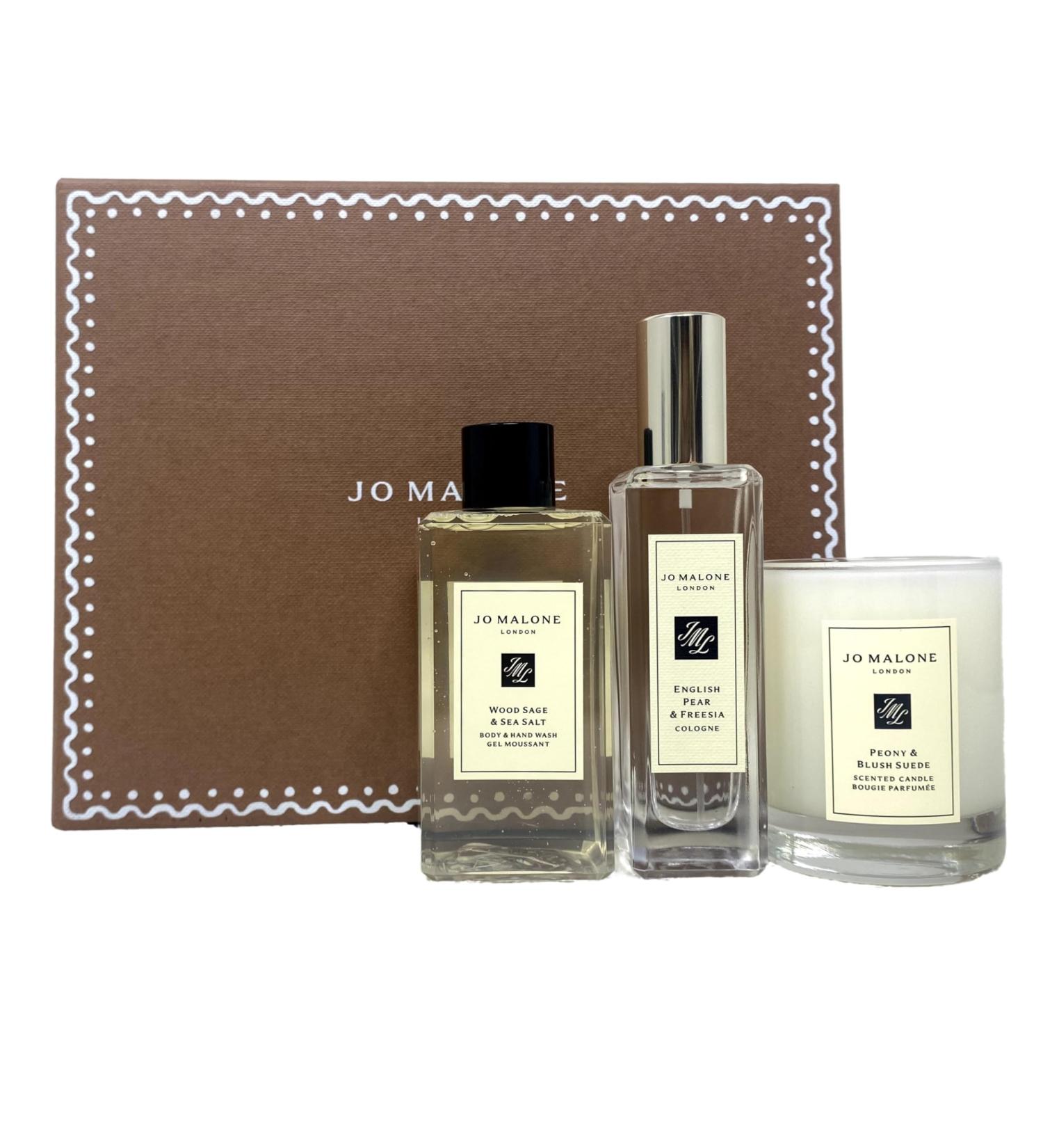 Jo Malone London Limited Edition Essentials Trio - English Pear & Freesia Cologne - Wood Sage & Sea Salt Gel Moussant - Peony & Blush Suede Candle - Travel Size - Buy Online on GoSupps.com