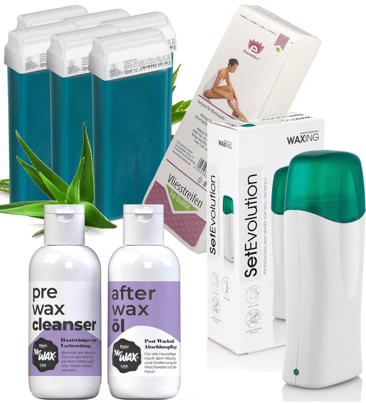 Buy 6x Aloe Vera Wax Cartridges Wax Heater Pre-Cleaner & After Wax Oil - Complete Waxing Kit with 100 Fleece Strips for Smooth Skin - International Shipping Available - Buy Online on GoSupps.com