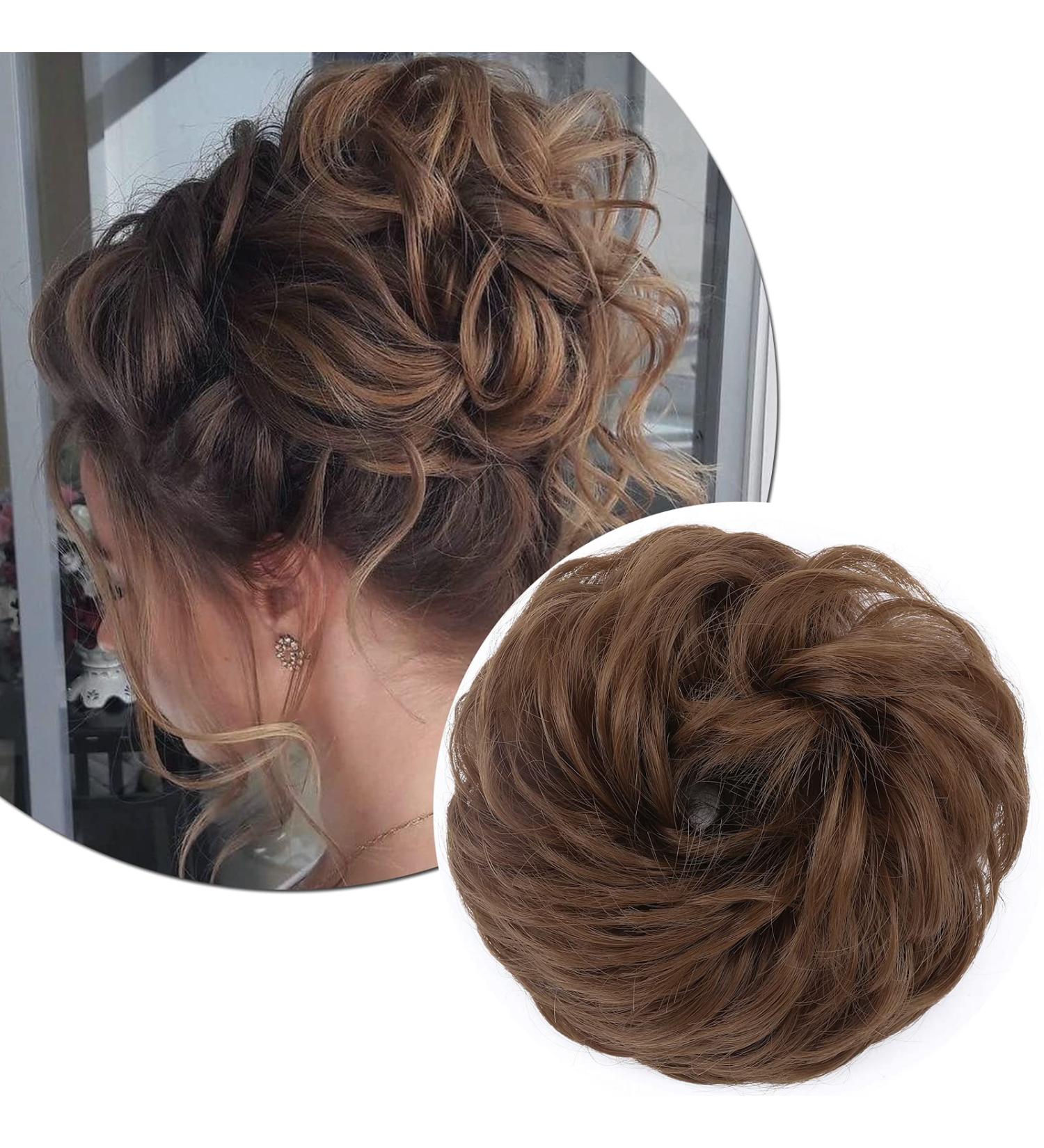 Thick Messy Curly Hair Bun Extension Scrunchie - Synthetic Updo Hairpiece for Women/Girls, Light Brown/Light Brown - 45g - Buy Online on GoSupps.com