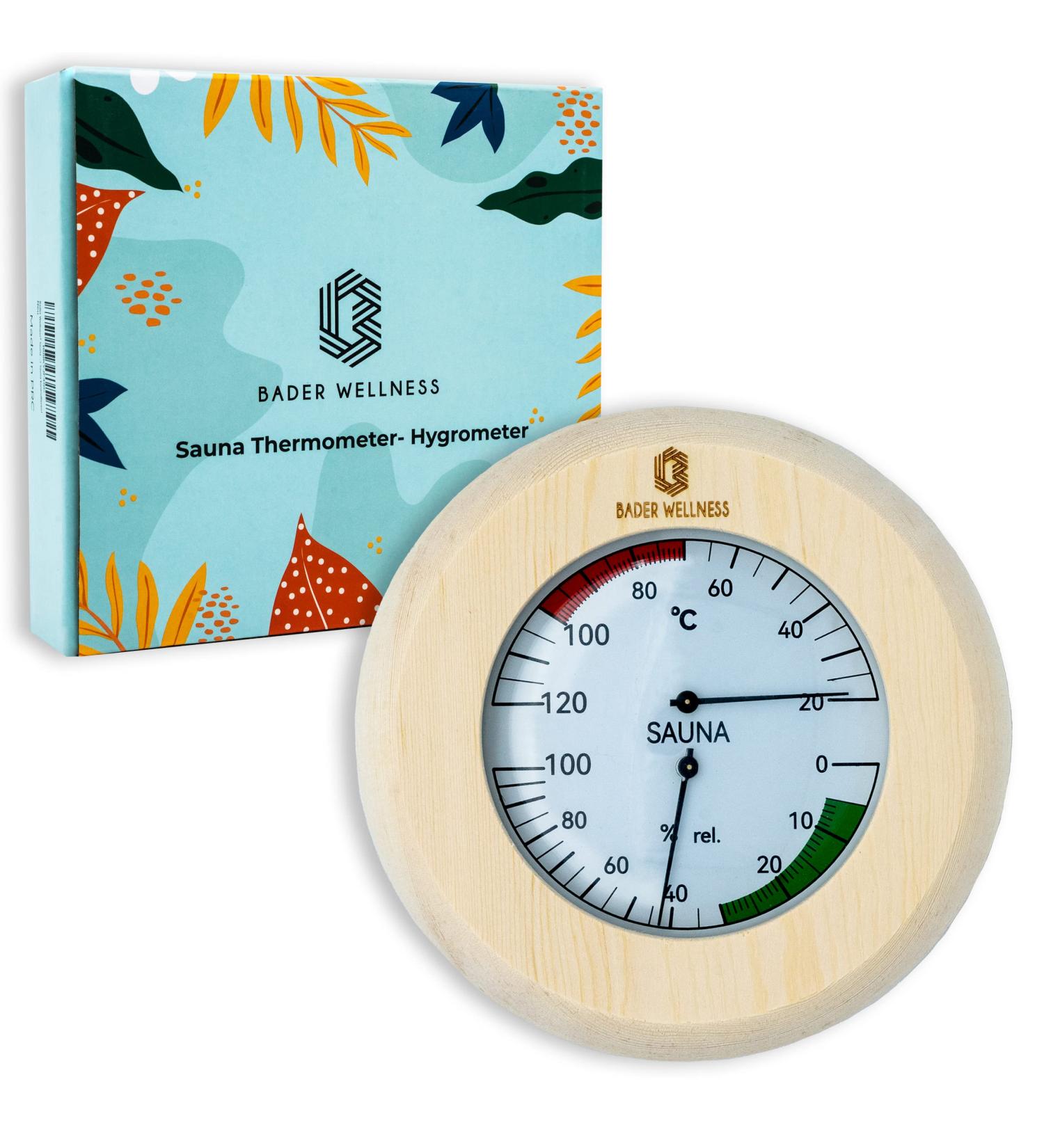 Bader Wellness Sauna Thermometer Hygrometer 2in1 - Premium Heat-Resistant Sauna Accessories with Solid Wood Frame | Accurate Temperature & Humidity Measurement (20 C - 120 C) - Buy Online on GoSupps.com