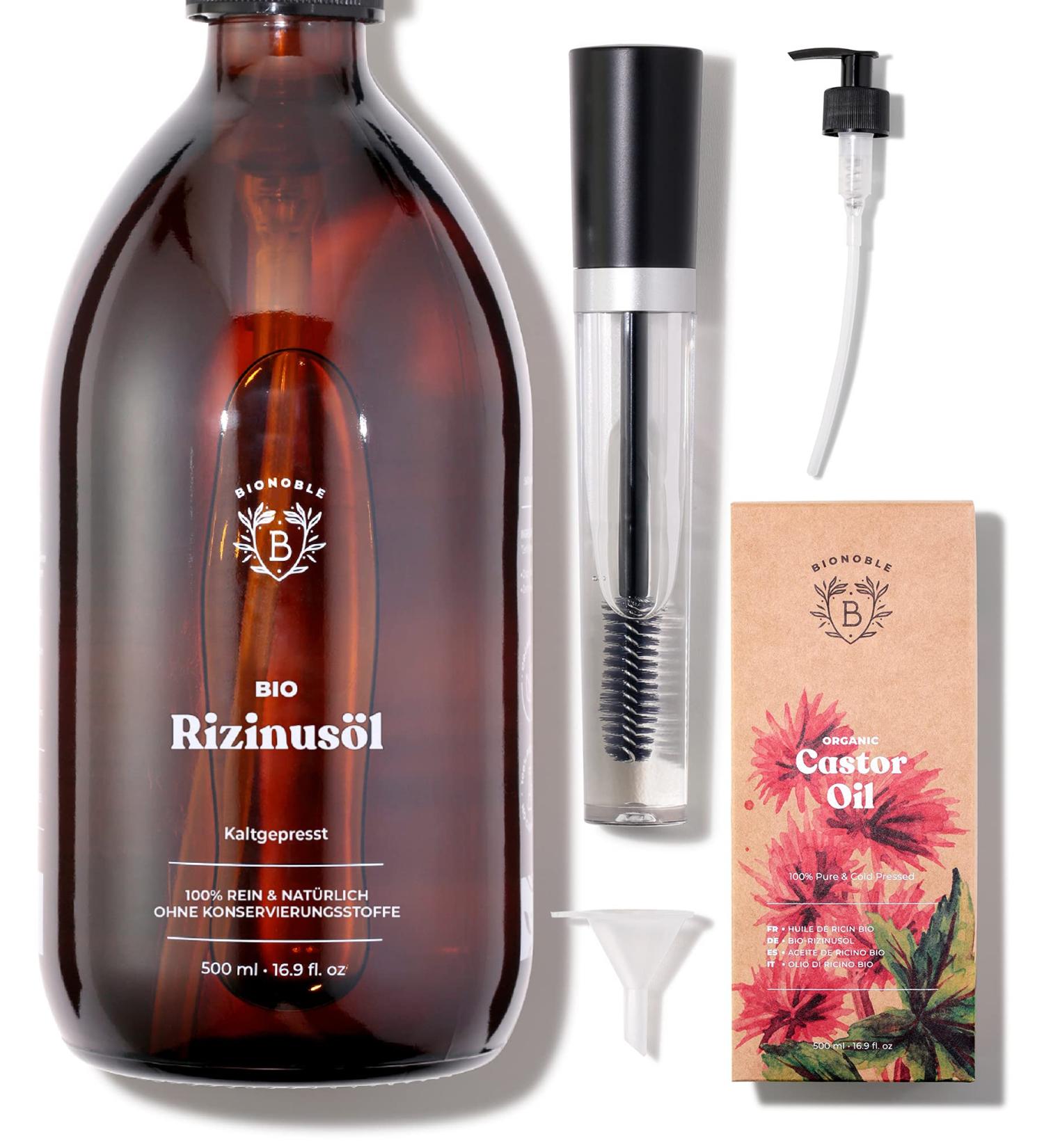 Buy Bionoble Organic Castor Oil 500ml - 100% Pure Cold-Pressed for Hair Eyelashes Beard & Nails - Vegan & Cruelty-Free with Glass Bottle & Pump - Perfect Mascara Kit - Buy Online on GoSupps.com