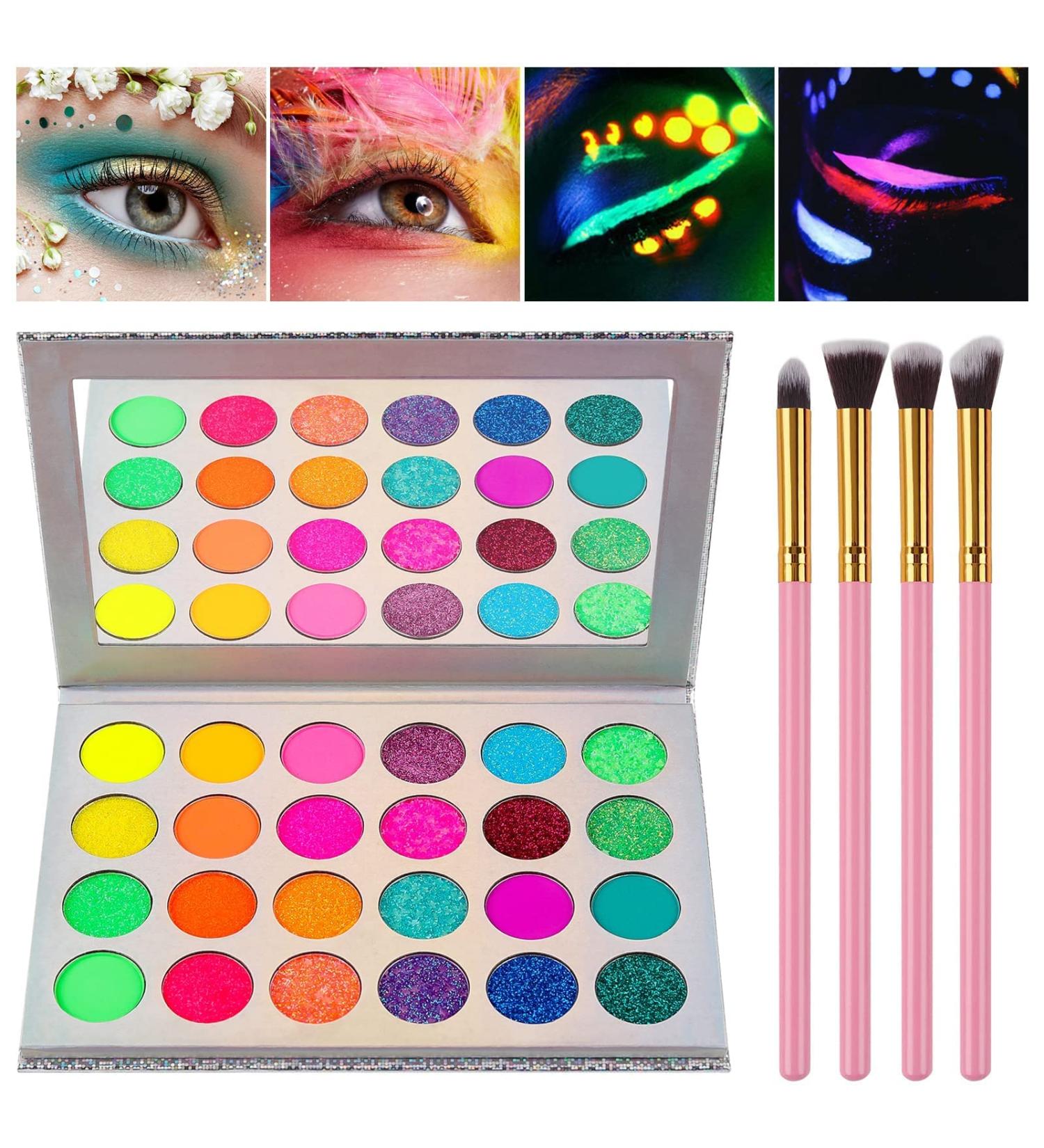 Kalolary Glow in the Dark Neon Eyeshadow Palette - 24 Colors, UV Glow, Matte & Glitter, Highly Pigmented, with 4 Brushes - Buy Online on GoSupps.com