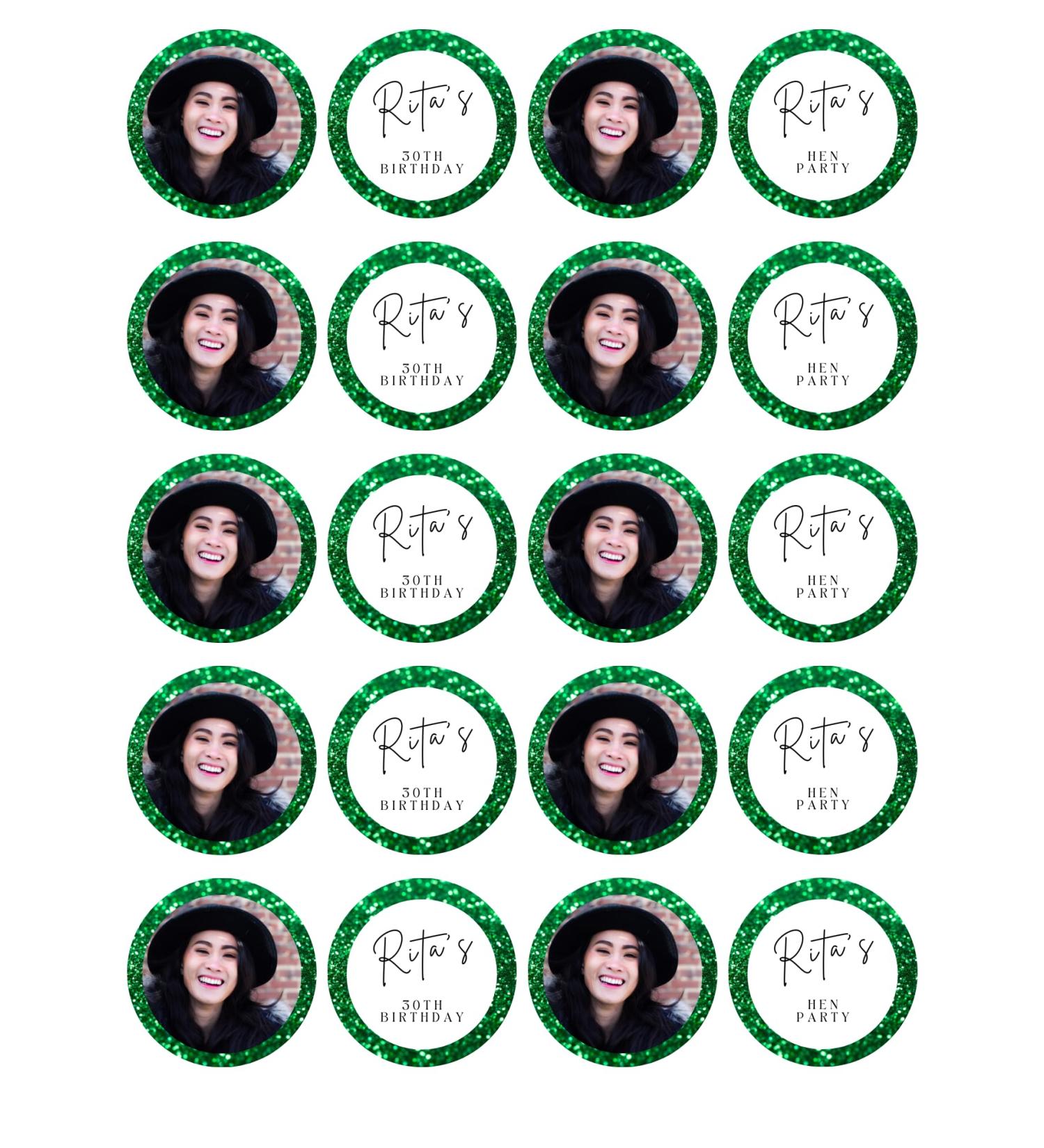 edible 20 x 5cm YOUR PHOTO Personalised Green cupcake toppers uncut HEN/BIRTHDAY/RETIREMENT! (wafer card)