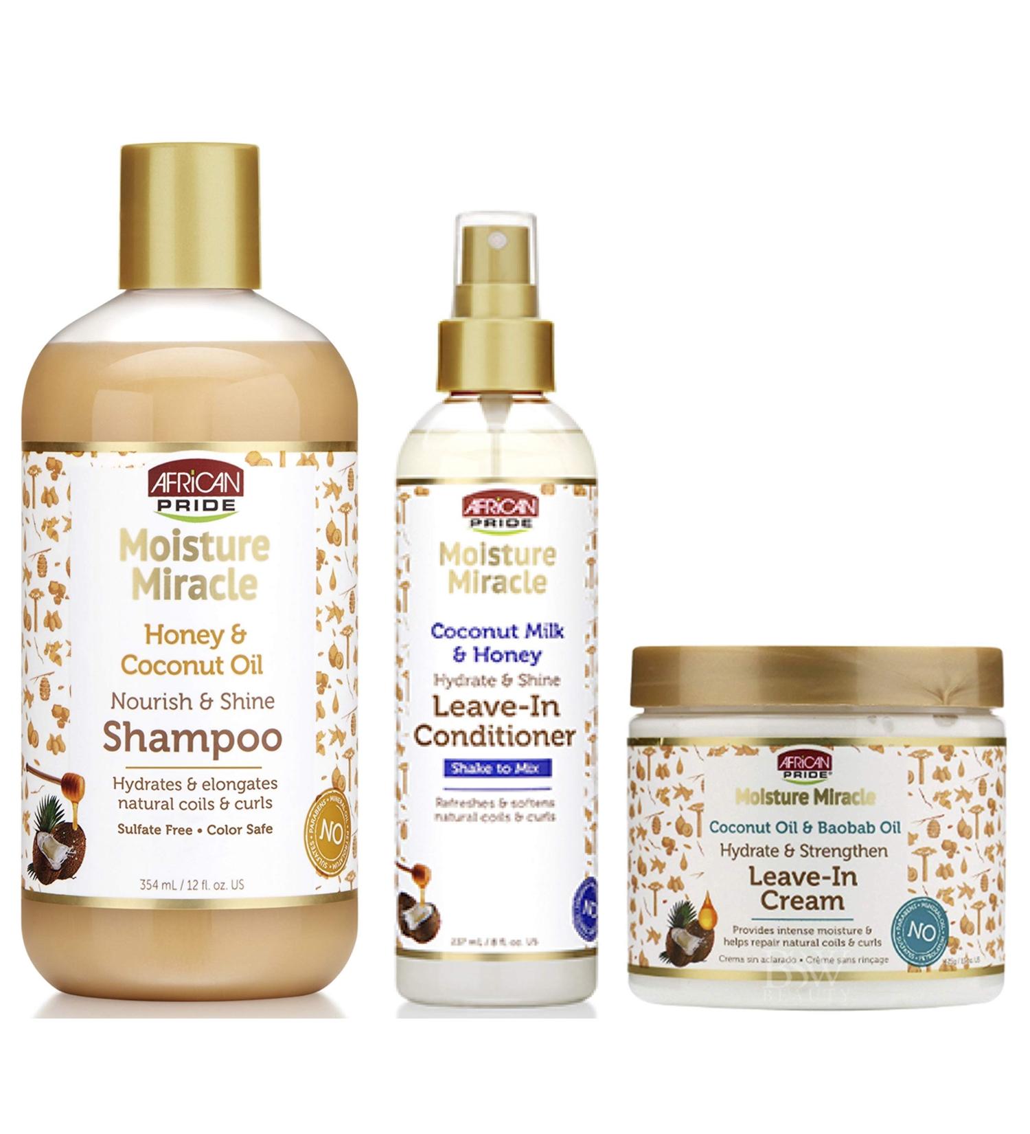African Pride Moitions Miracle Shampoo leverin conditioner and leverin cream SET coconut oil honey baobate oil and milk