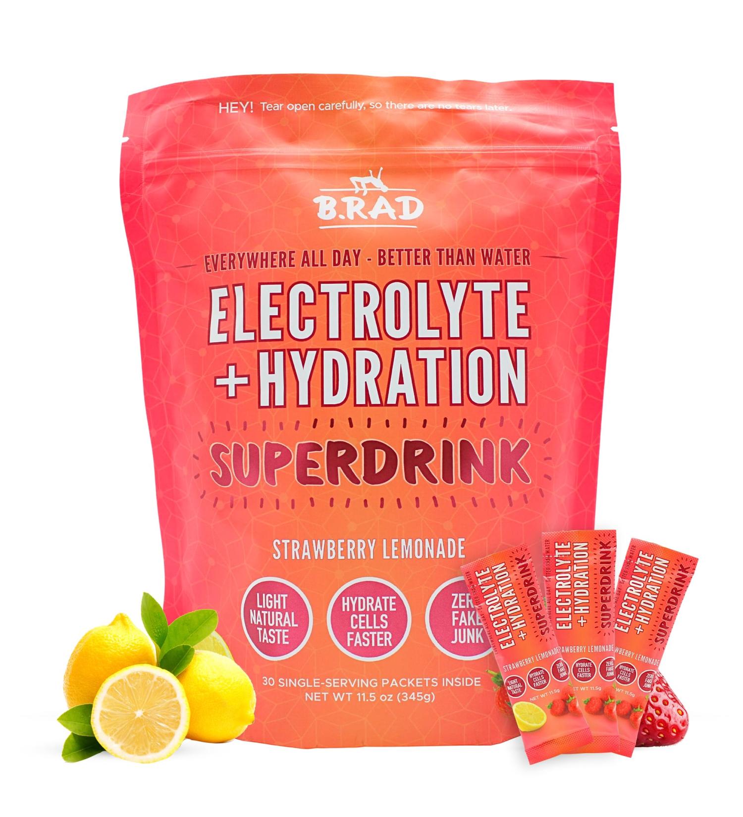 B.rad Superdrink Sugar-Free Electrolyte & Hydration Powder w/Creatine | Plus Brain & Recovery Boosters | 30 Jumbo Single-Serving Packets of 11.5g | Light Natural Strawberry Lemonade Flavor Strawberry Lemonade 11.5 Ounce (P  - Buy Online on GoSupps.com