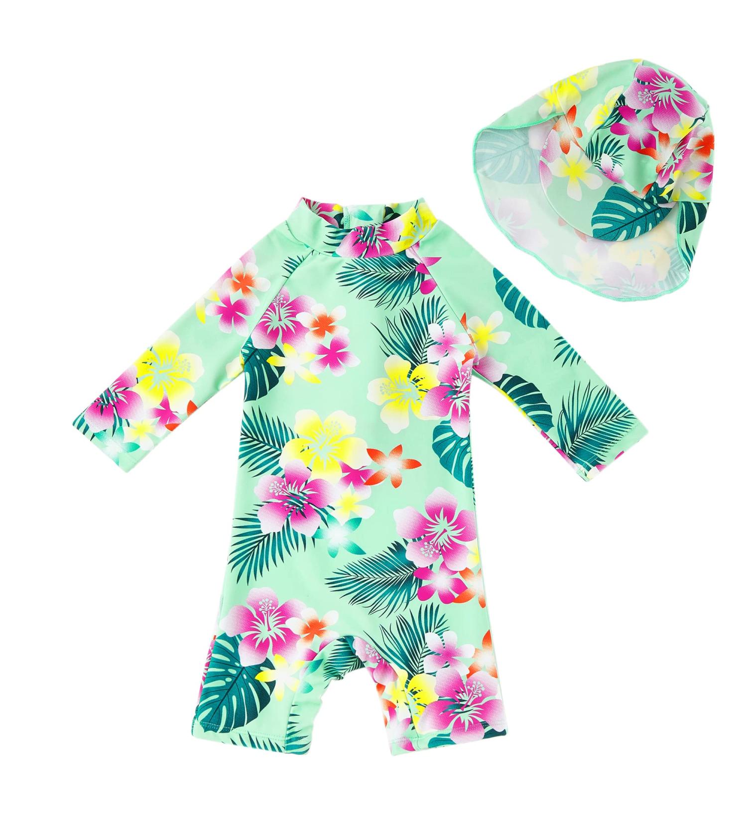 UPF 50+ Baby Girl One Piece Swimsuit with Sun Hat and Sun Protection | Green Flower | 9-12 Months - Buy Online on GoSupps.com