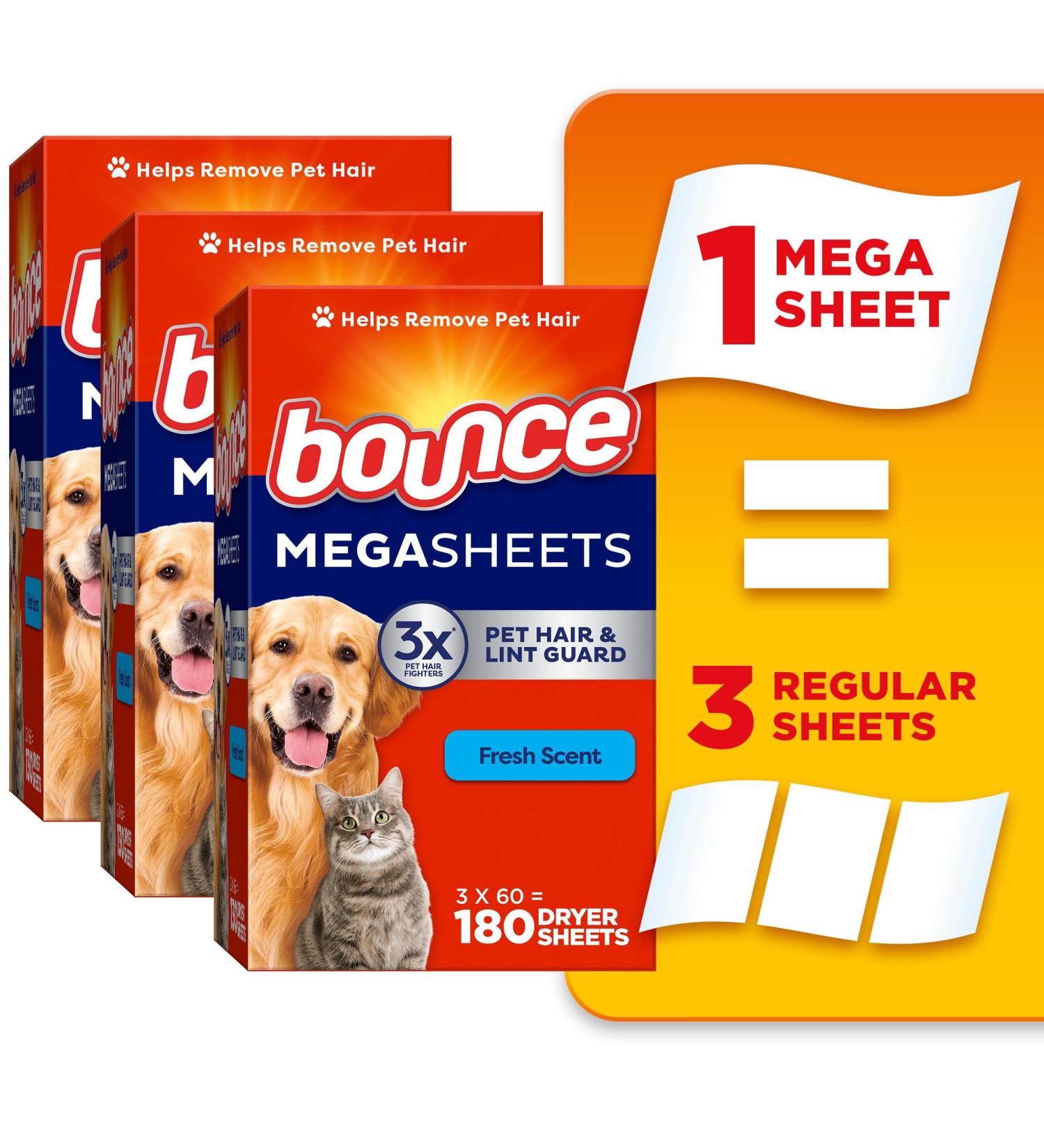 Bounce Pet Hair and Lint Guard Mega Dryer Sheets with 3X Pet Hair Fighters Fresh Scent 180 Count - Buy Online on GoSupps.com