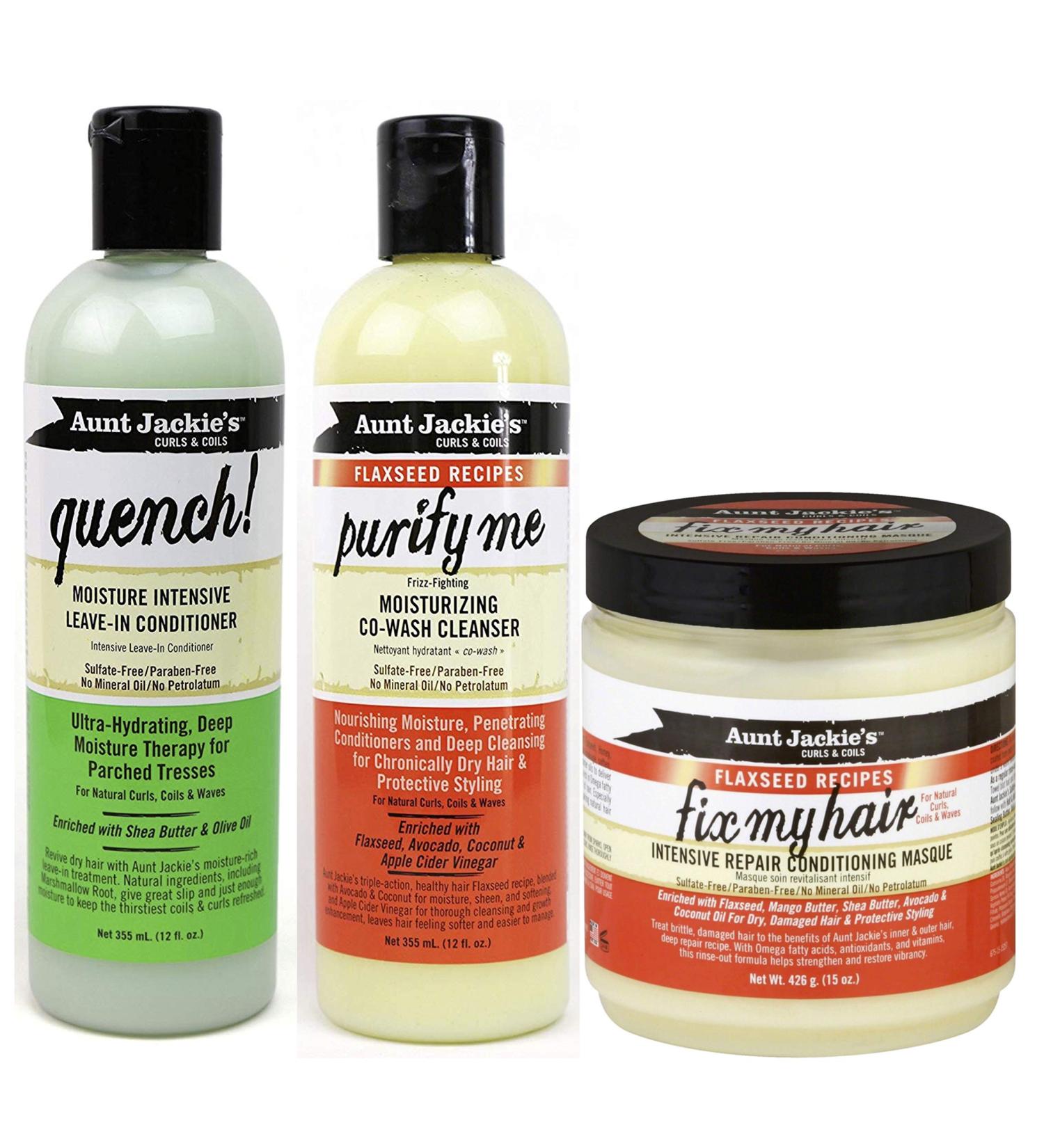 Aunt Jackie s Curls & Coils | 3-Set | Co-Wash cleaning "Purify Me" 355 ml | Leave-in-flushing "Quench" for intensive moisture 355 ml | Intensive repair and nourishing hair mask "Fix My Hair" 426 G