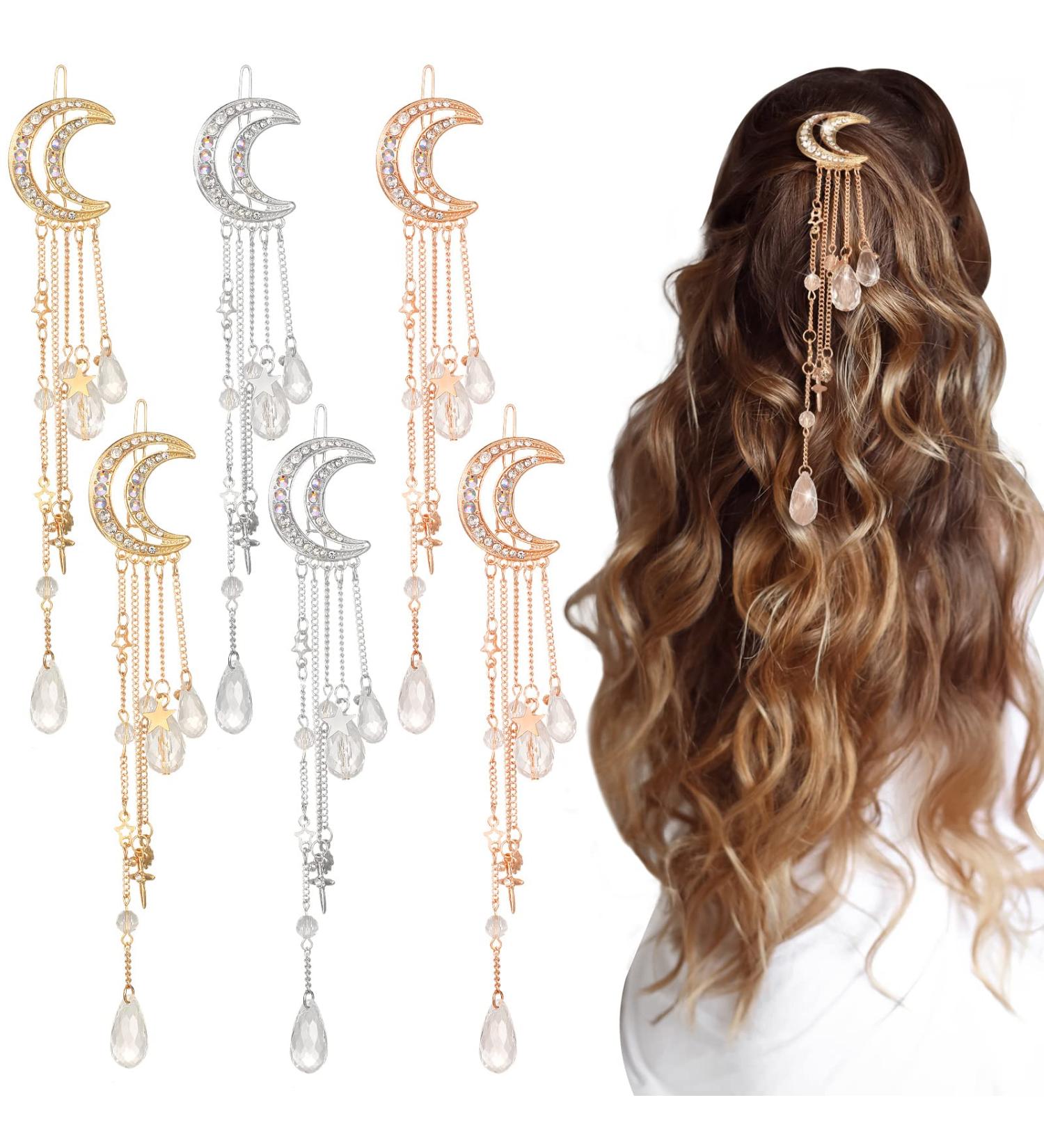 Moon Crystal Rhinestone Hair Accessories Set - 6 Pcs Moon Barrette, Star Tassel Hair Clip, Charms Hair Chain Jewelry for Women and Girls in Silver, Gold, Rose Gold - Buy Online on GoSupps.com