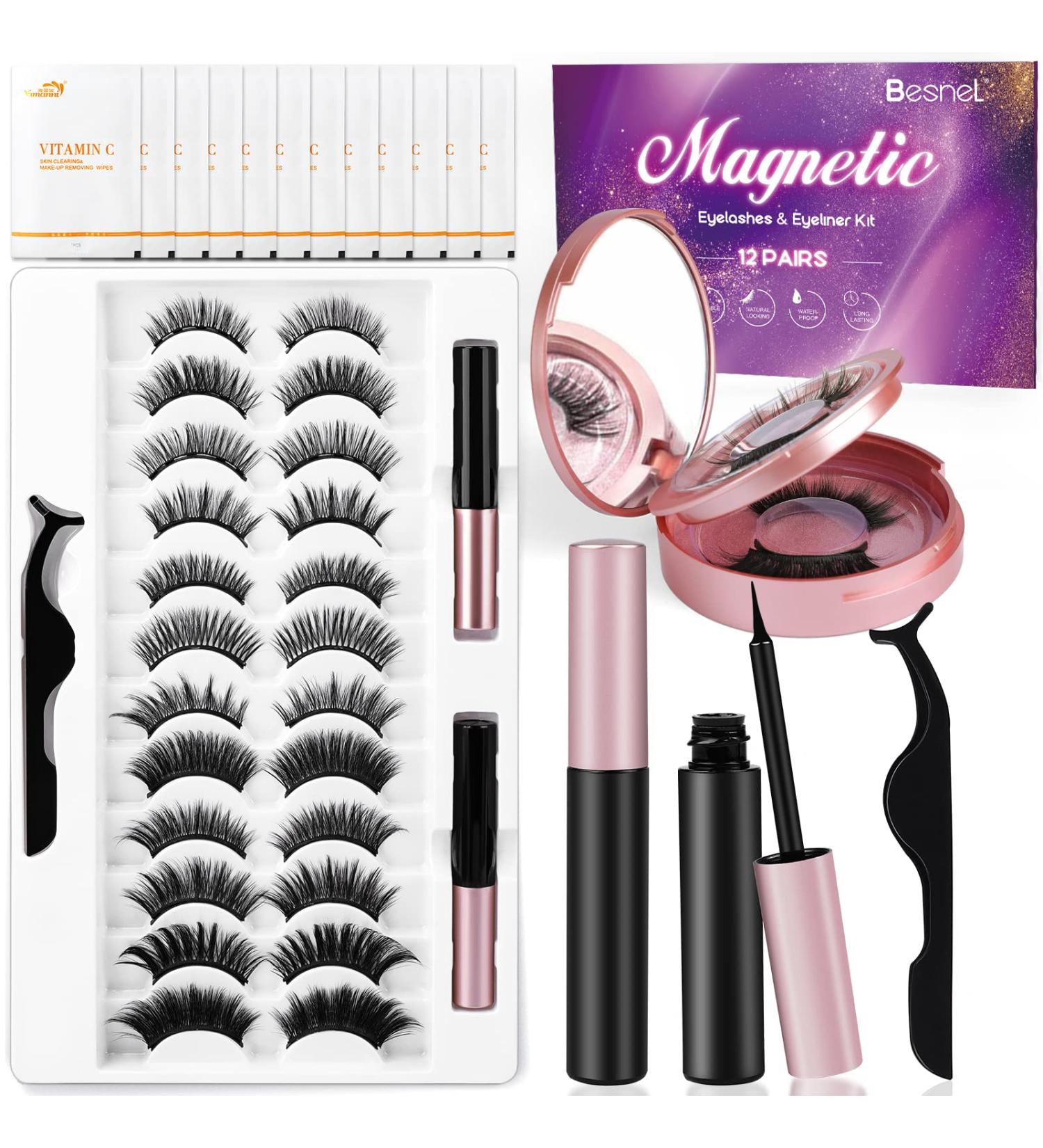 Besnel Magnetic Eyelashes and Eyeliner Kit - 12 Pairs Premium 3D/5D Magnetic Eyelashes with Tweezers and 2 Tubes of Magnetic Eyeliner - Reusable, Easy to Apply, No Glue Needed - Natural Look for Women and Girls - Buy Online on GoSupps.com