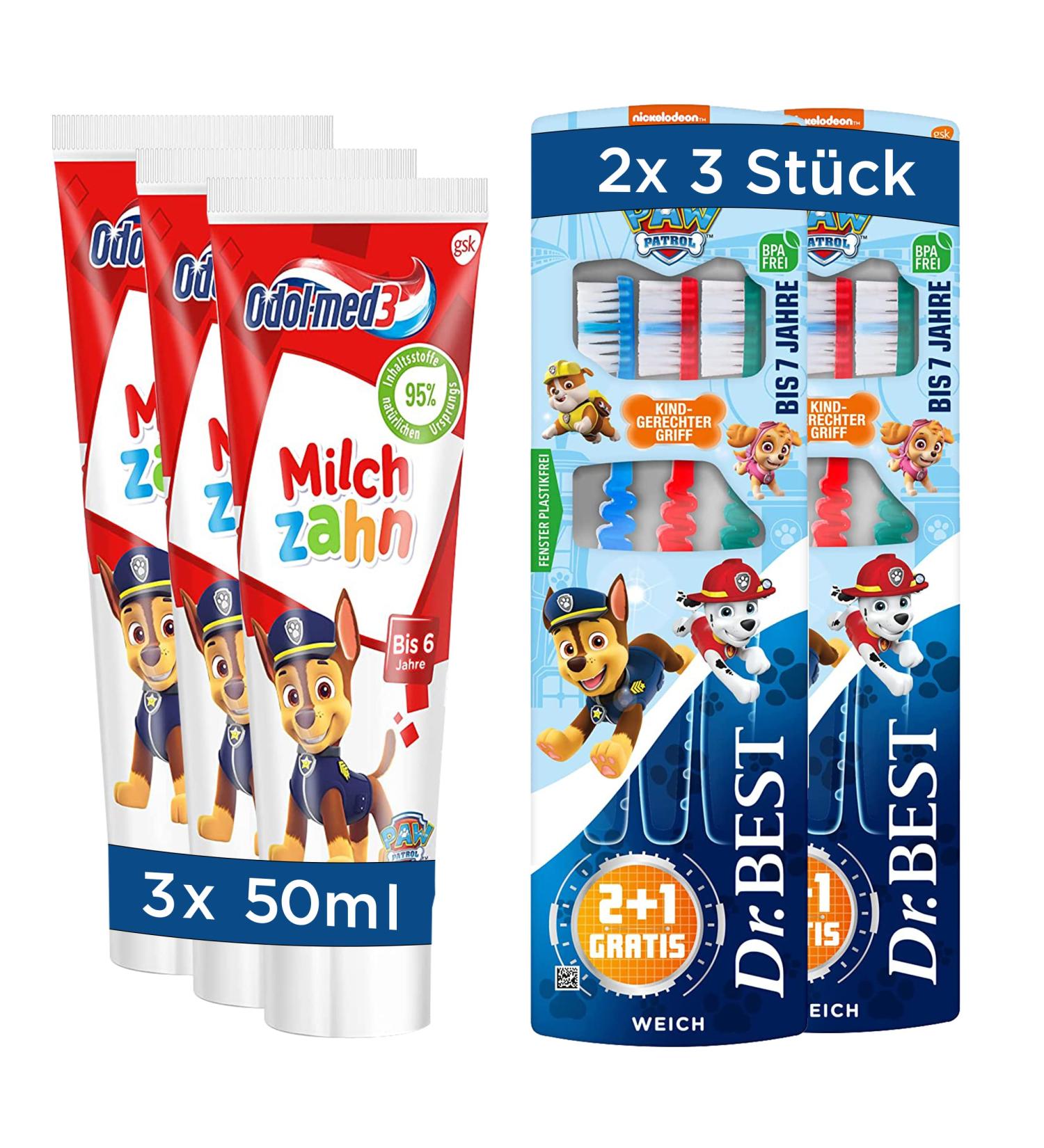 Dr. Best Paw Patrol Children's Toothbrush Set - Soft Bristles 2 Packs of 3 + Odol-Med3 Milk Tooth Toothpaste (3x50ml) - Perfect for Kids' Dental Care - Buy Online on GoSupps.com