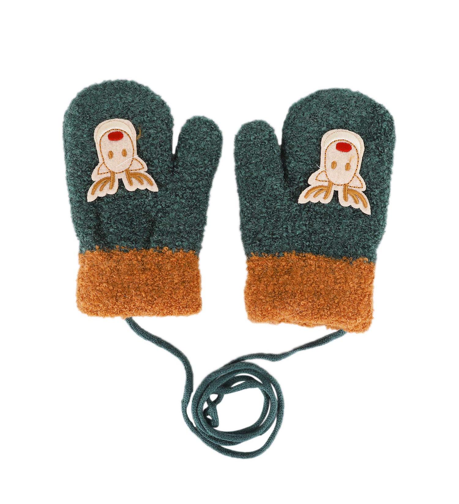 RUIXIA Kids Winter Knitted Gloves - Cute Cartoon Bear Hang Neck Mittens - Newborn Baby Warm Thicken Cashmere with Rope - Deep Green - Buy Online on GoSupps.com