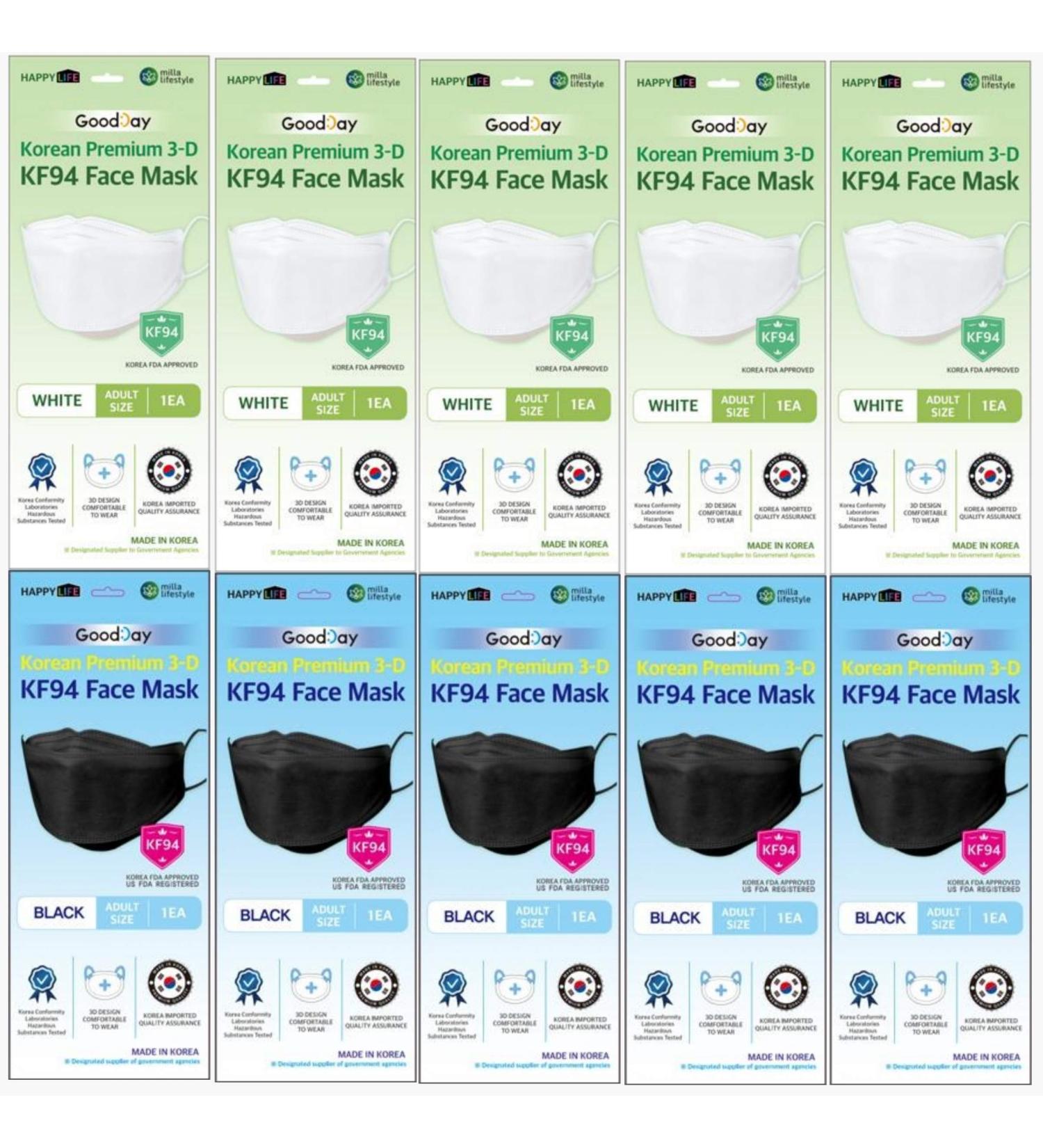 Premium 3D KF94 Face Masks - (Pack of 10) Black & White Combo Set | 4-Layer Filters | Made in Korea - International Shipping - Buy Online on GoSupps.com