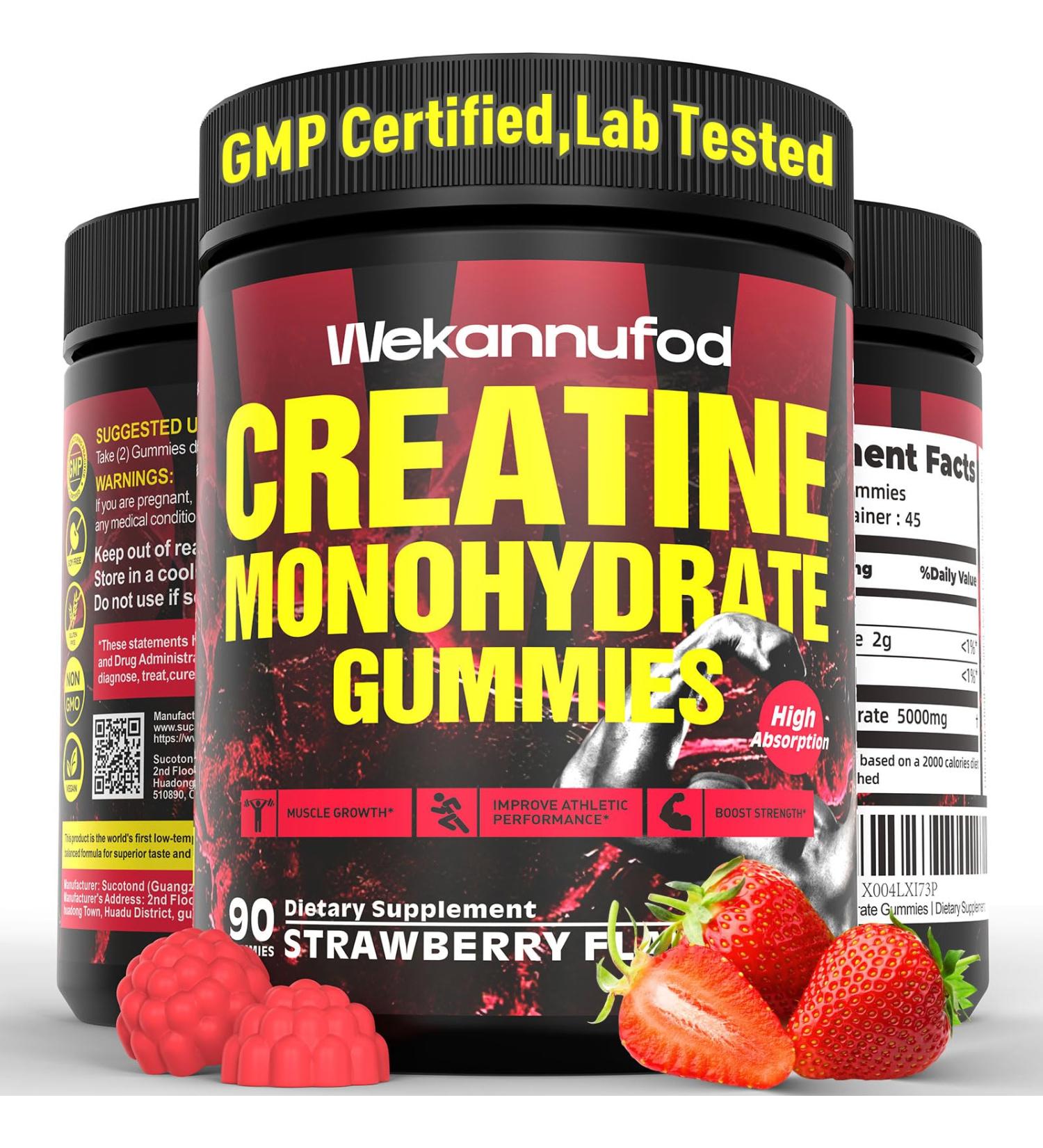 Wekannufod Creatine Monohydrate Gummies for Men & Women 5000MG Creatine Gummy Sugar Free. Boost Focus Strength and Endurance Anti-Melting Formula Vegan Gluten-Free Non-GMO (Strawberry 90 ct) - Buy Online on GoSupps.com