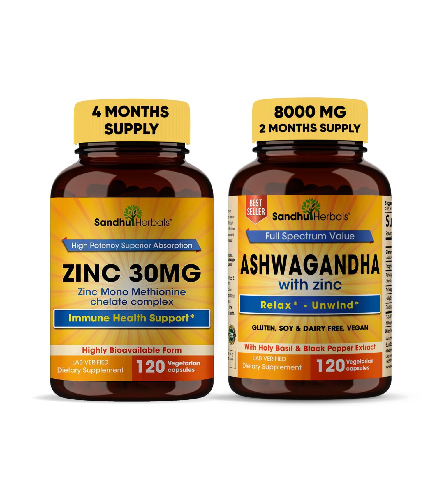 Sandhu Herbals Zinc 30mg Supplement and Organic 4 in 1 Ashwagandha Capsules with Zinc| Supports Healthy Skin Immune System| Non-GMO - Buy Online on GoSupps.com
