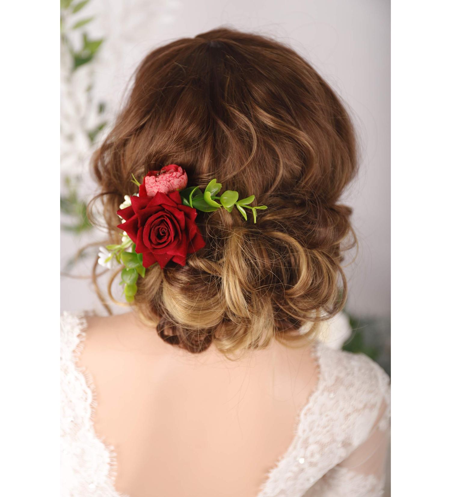 Kercisbeauty Bridal Burgundy Rose Flower Hair Clip for Wedding Floral Garden Headpiece for Brides Bridesmaid Floral Hair Clip Comb Prom Girls Hair Accessories - Buy Online on GoSupps.com