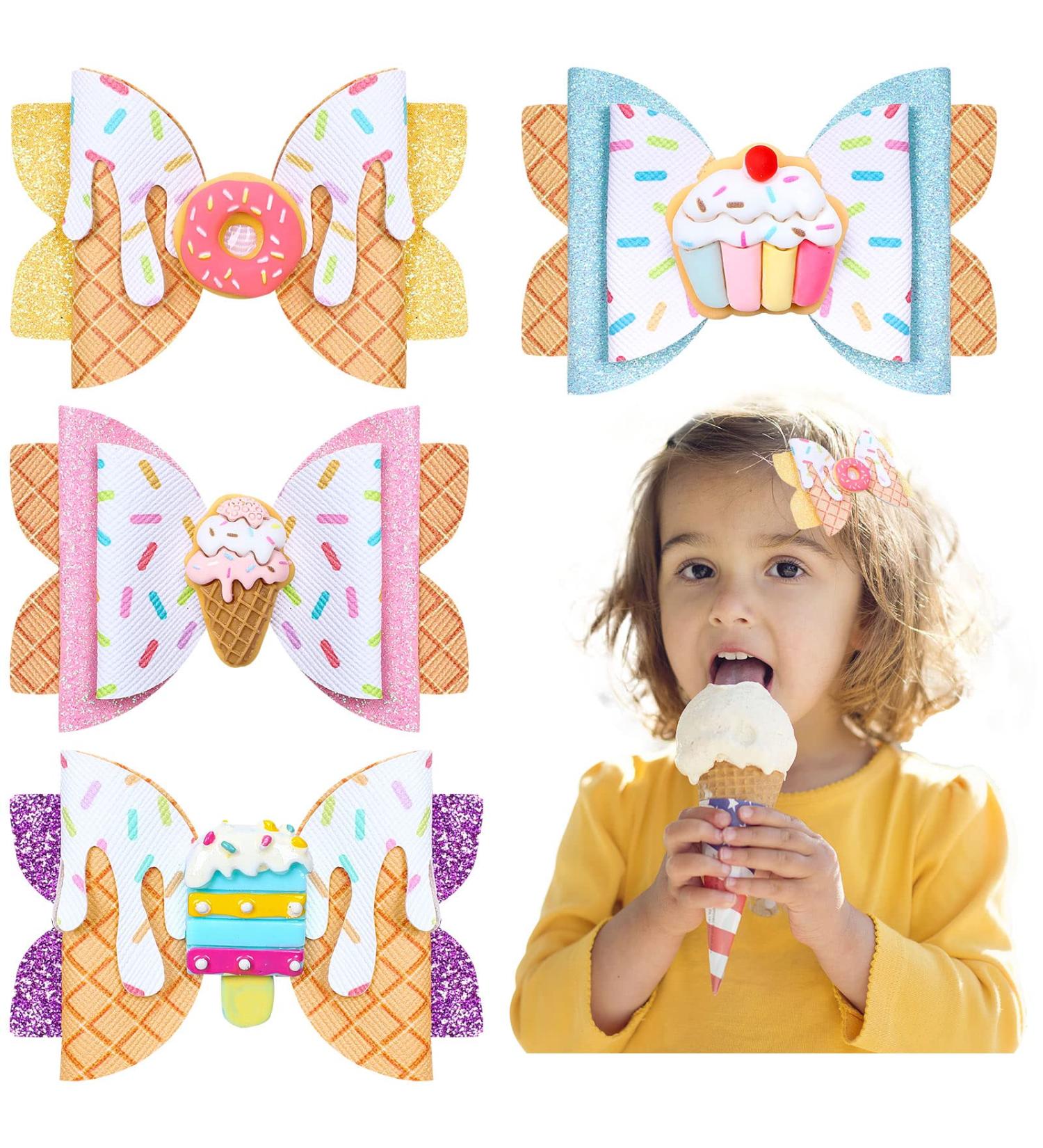 Whaline 4Pcs Dessert Glitter Bow Hair Clips - Summer Colorful Leather Hairgrips for Girls and Women - Birthday Party Hair Accessories - Buy Online on GoSupps.com