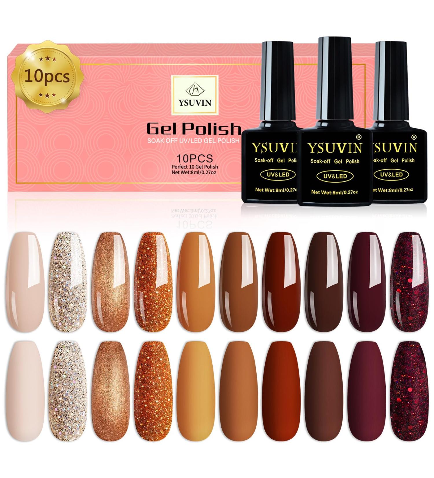 Yueshop Brown Gel Nail Polish 10 Colors Autumn Pumpkin Orange Champagne Burgundy Red Glitter Gel Nail Polish Set Soak off UV LED Lamp Nail Polish (8ml) - Buy Online on GoSupps.com