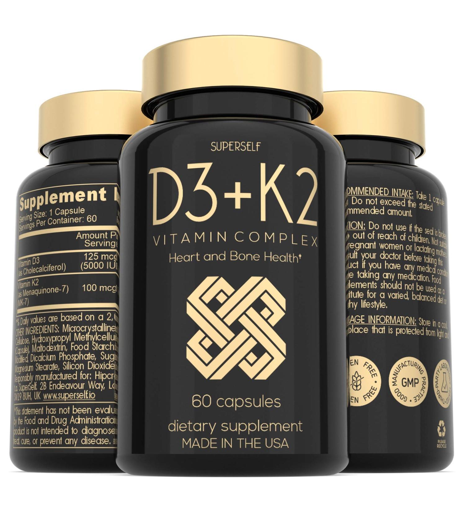 Vitamin D3 K2 Capsules | 5000 IU D3 & 100mcg K2 | 60 Capsules | USA Made Vegetarian Supplement | Bone, Muscle, Teeth & Immune Support - Buy Online on GoSupps.com