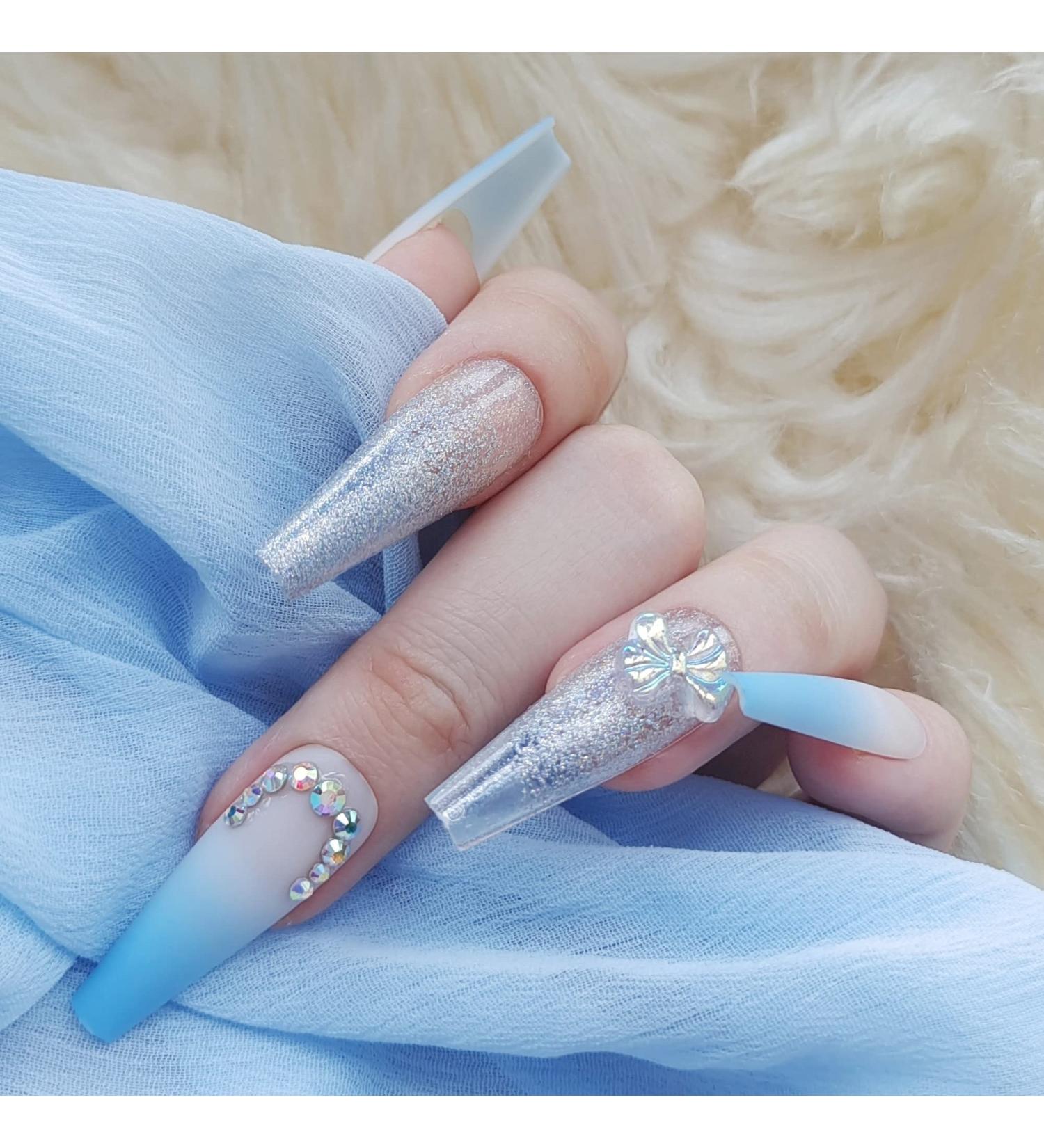 30PCS Butterfly Blue Gradient Rhinestone Press on Nails - Long False Acrylic French Nails for Women - Buy Online on GoSupps.com