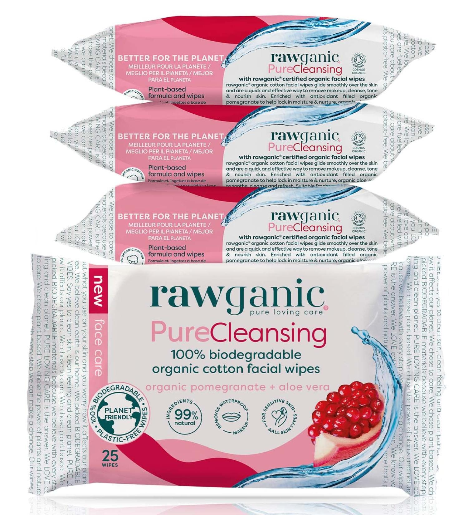 Rawganic Anti-Aging Hydrating Facial Wipes - Fragrance-Free Organic Cotton with Pomegranate & Aloe Vera (Pack of 4, 25 Count) - Buy Online on GoSupps.com