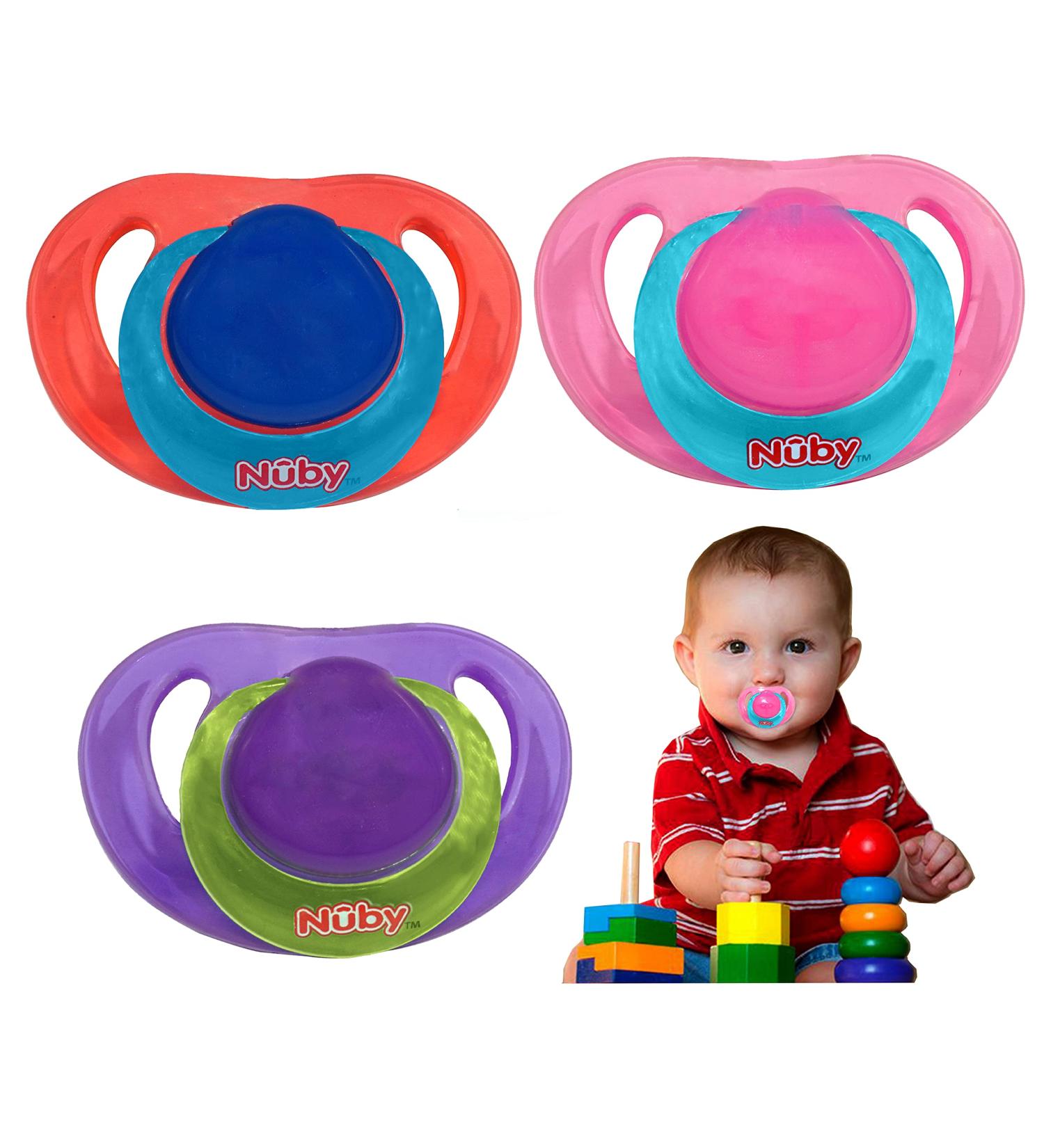 Non-Toxic Silicone Pacifiers Set - 3 Pack in Pink Violet & Red - Unisex Baby 0-6 Months - Buy Online on GoSupps.com