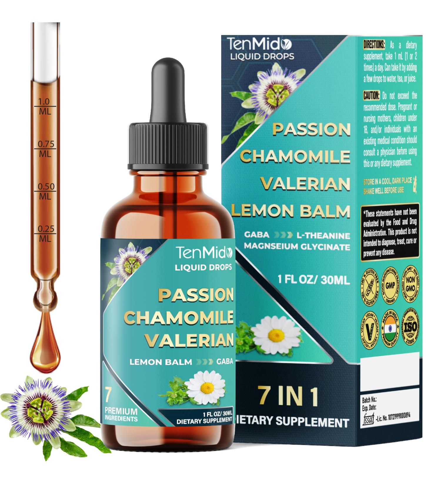 Tenmido 7in1 Passion Flower Extract Liquid Drops with Chamomile Valerian Lemon Balm L-Theanine GABA and Magnesium Glycinate - 30ml 1 Fl Oz - Buy Online on GoSupps.com